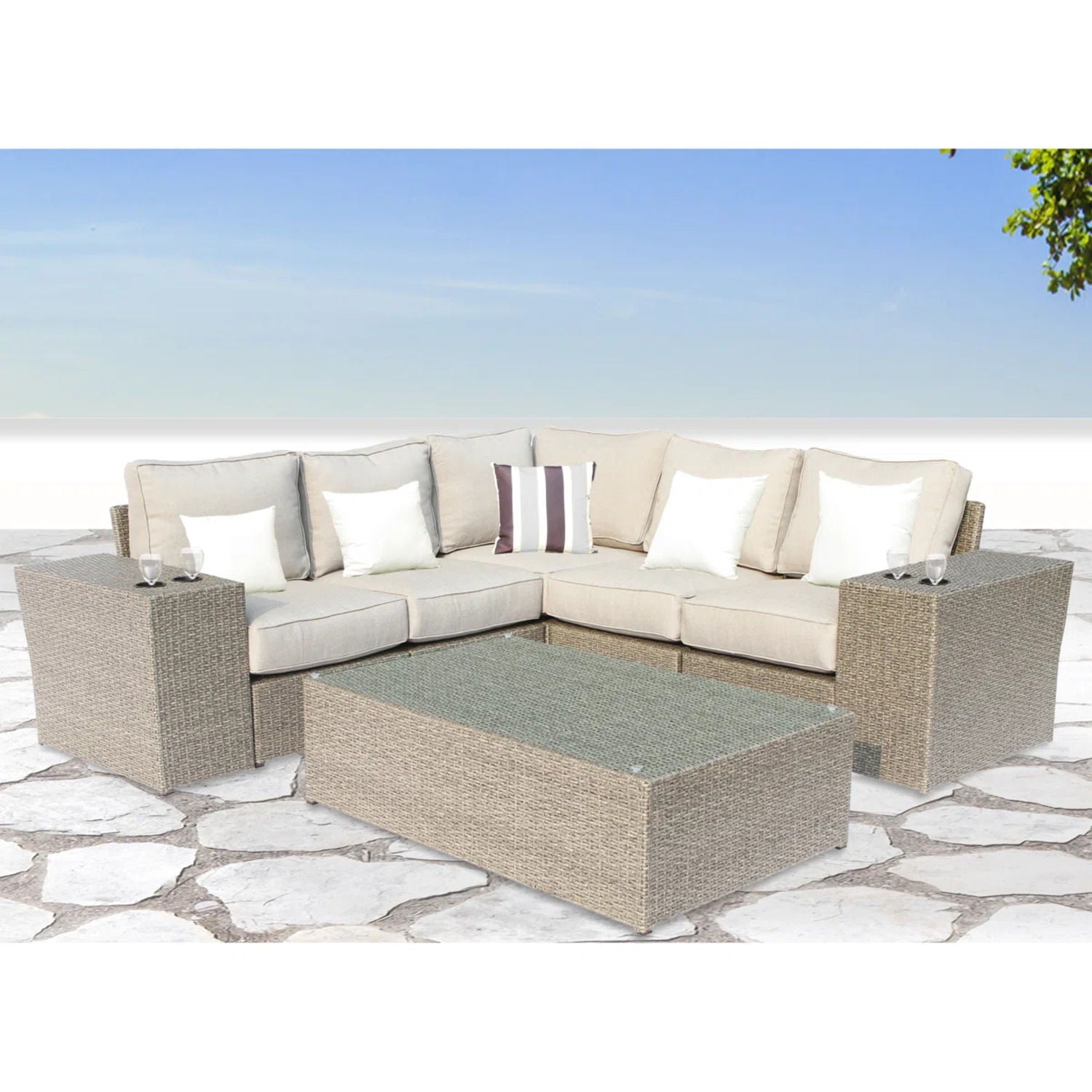 Outdoor Wicker Sectional With Weather Resistant Cushions And Table