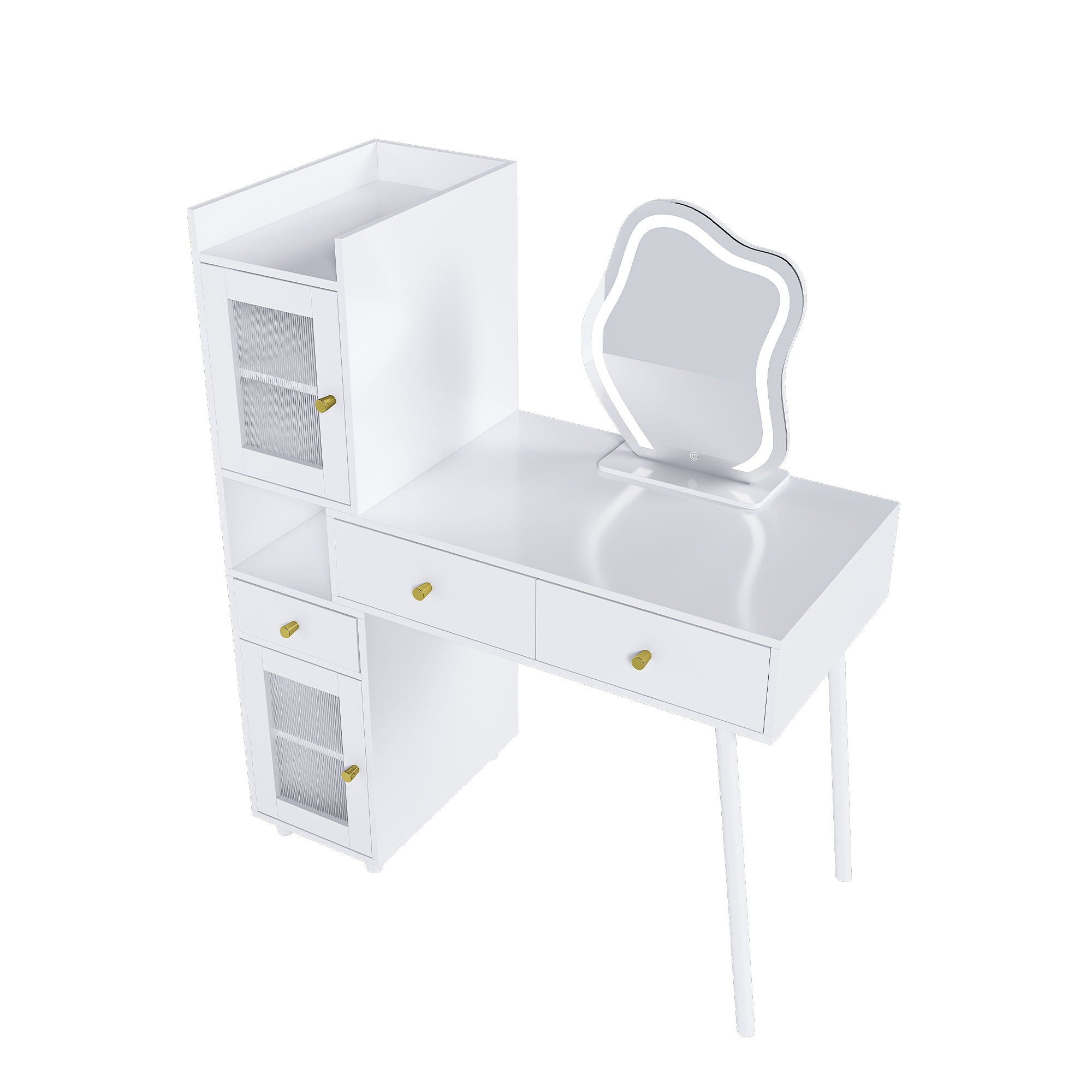 Vanity Dressing Table With LED Mirror & Storage Makeup Desk With 3 Drawers, 2 Open Shelves & 4 Hidden Cabinets - White