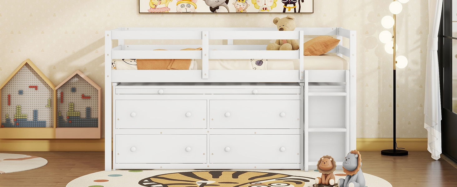 Loft Bed With Retractable Writing Desk And 4 Drawers, With Lateral Portable Desk And Shelves