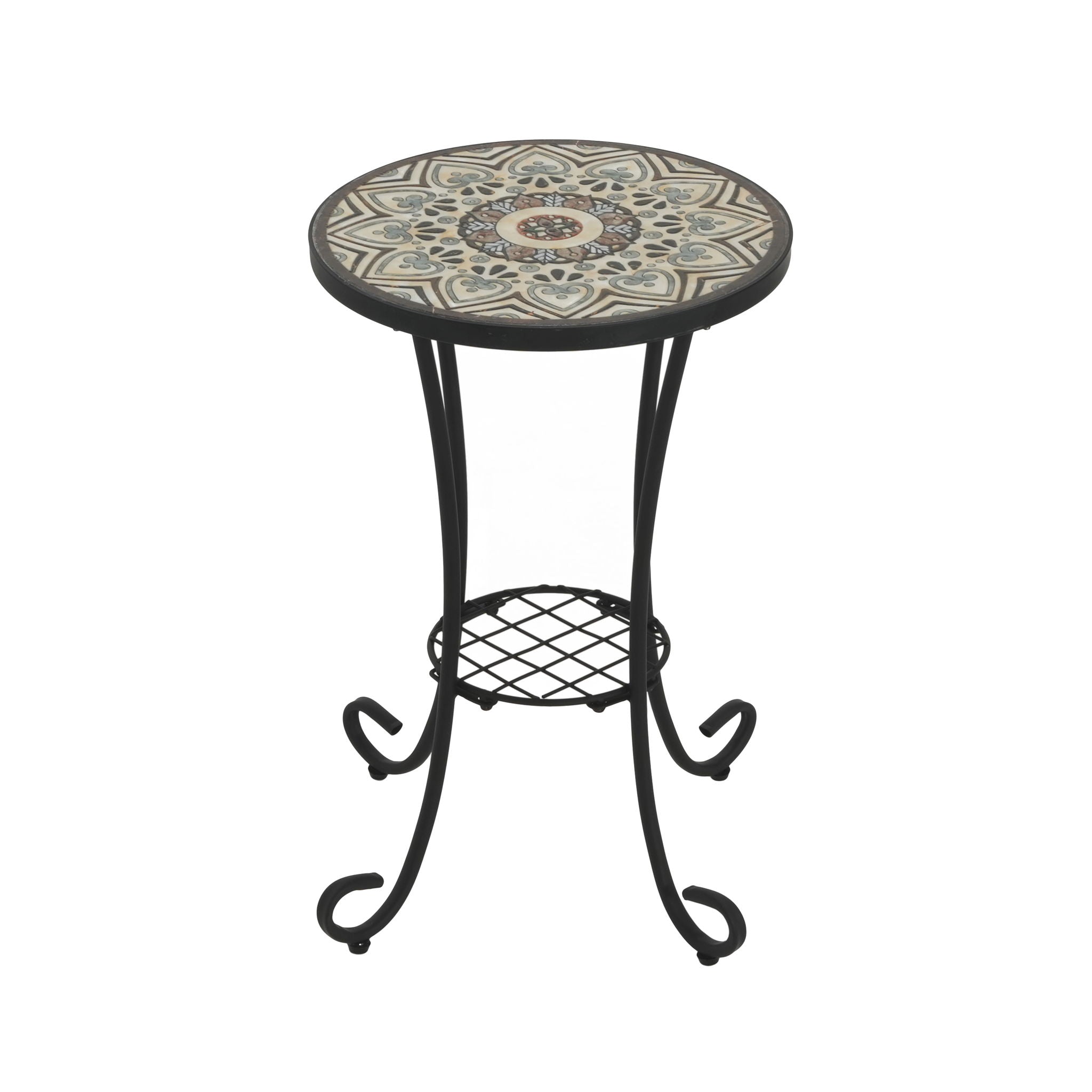 Ceramic Tile And Iron Patio Side Table With Shelf