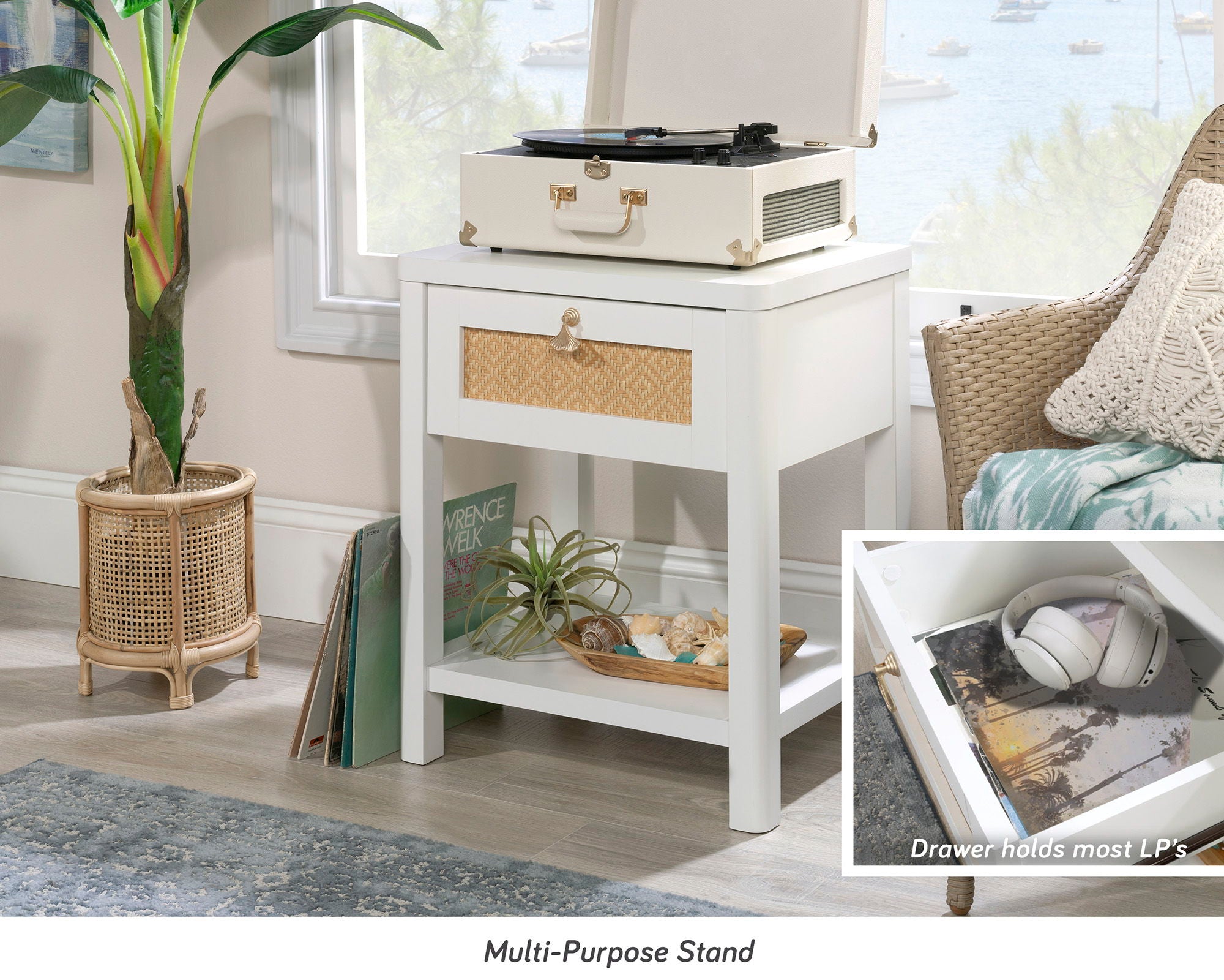 Night Stand with Open Storage in White/Rattan