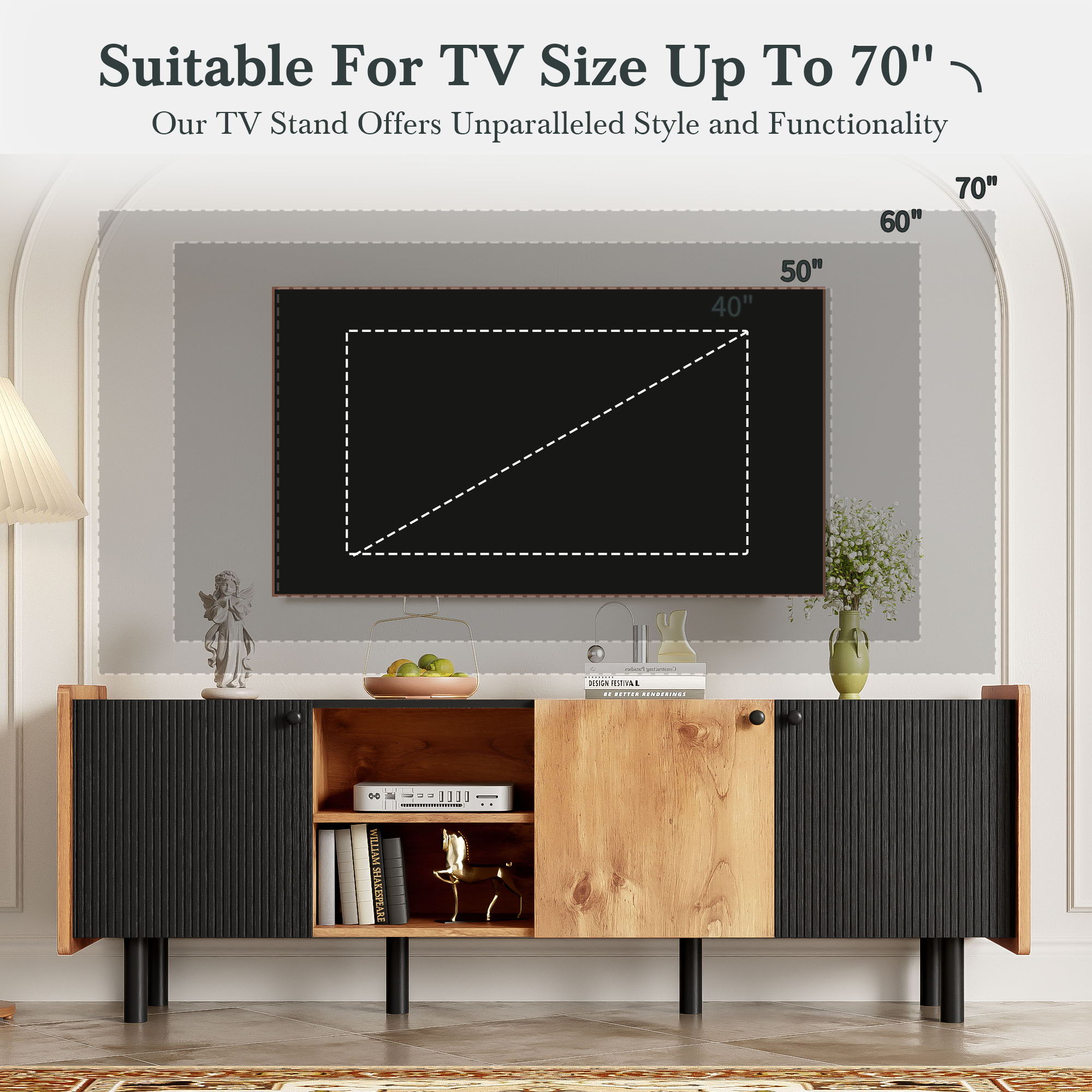 Mid Century TV Stand With 3 Cabinets, Media Console Table For Tvs Up To 70'', Entertainment Center With Storage For Living Room - Black / Brown