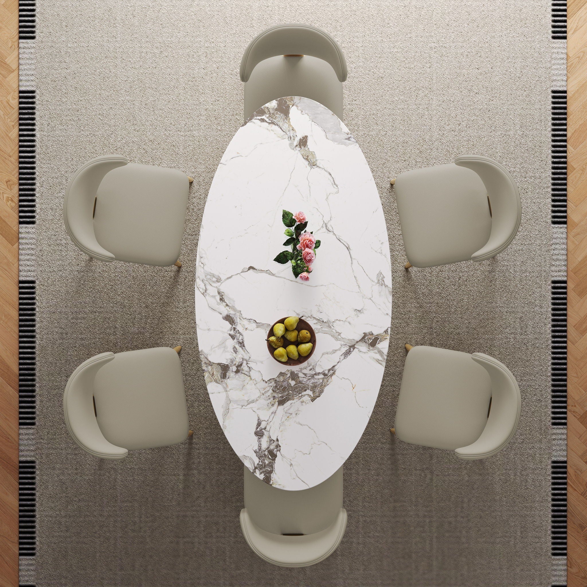 Modern Luxury Marble Dining Table Set Oval Kitchen Table With Stainless Steel Base - Gold / White Print