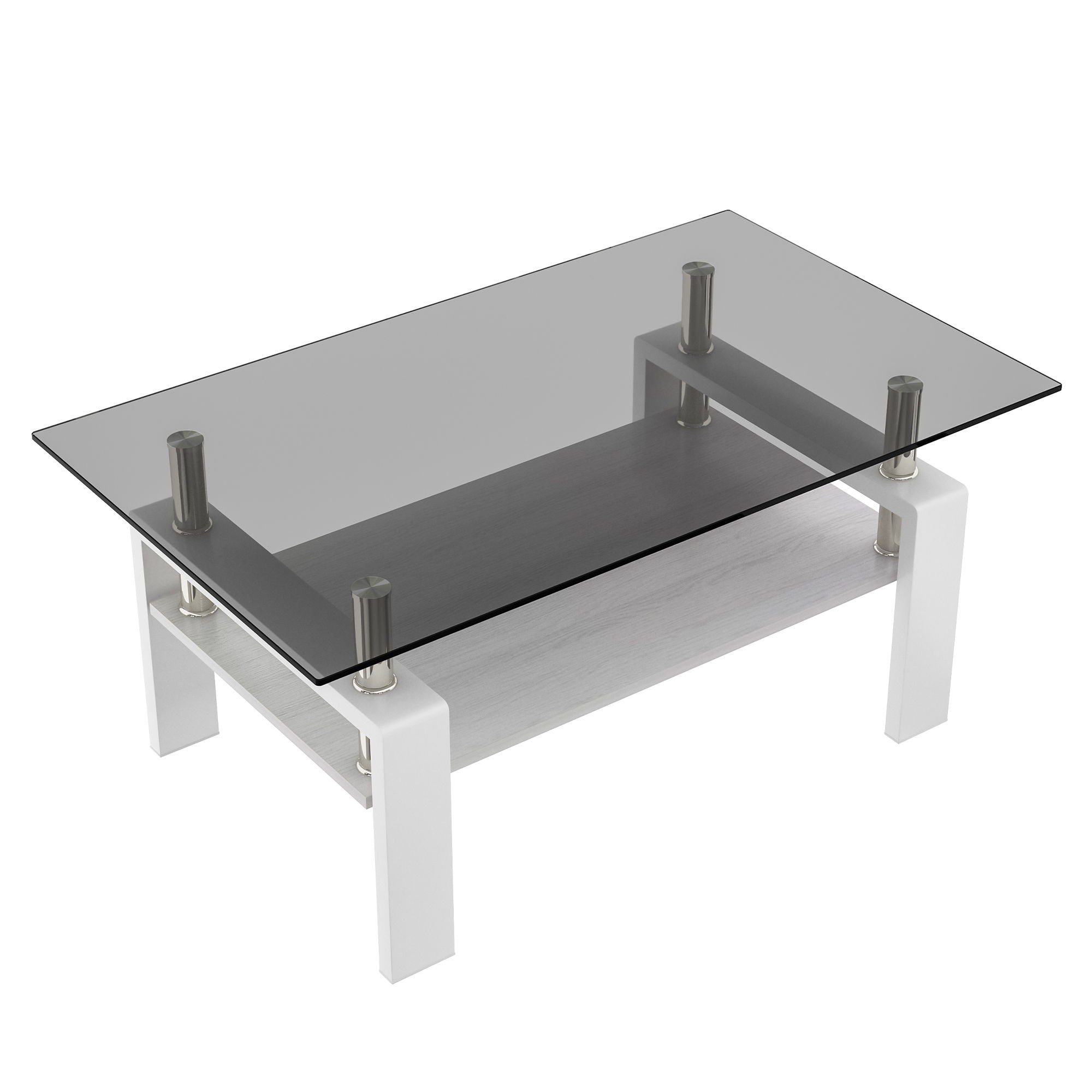 Modern Rectangular Coffee Table With Tempered Transparent Glass Top And Storage Shelf