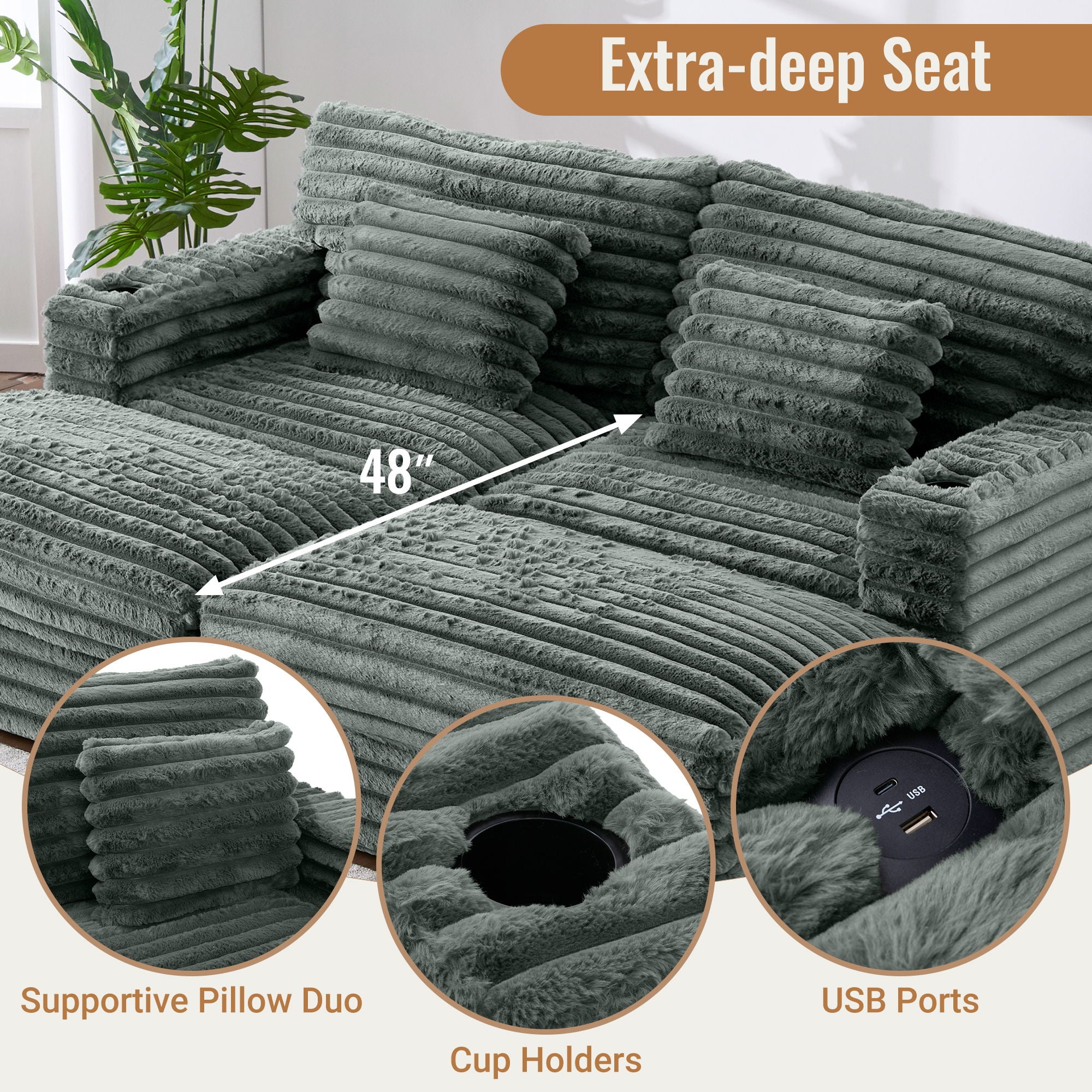 Plush Oversized Double Chaise Lounge Sofa Bed With USB Ports And Cup Holders