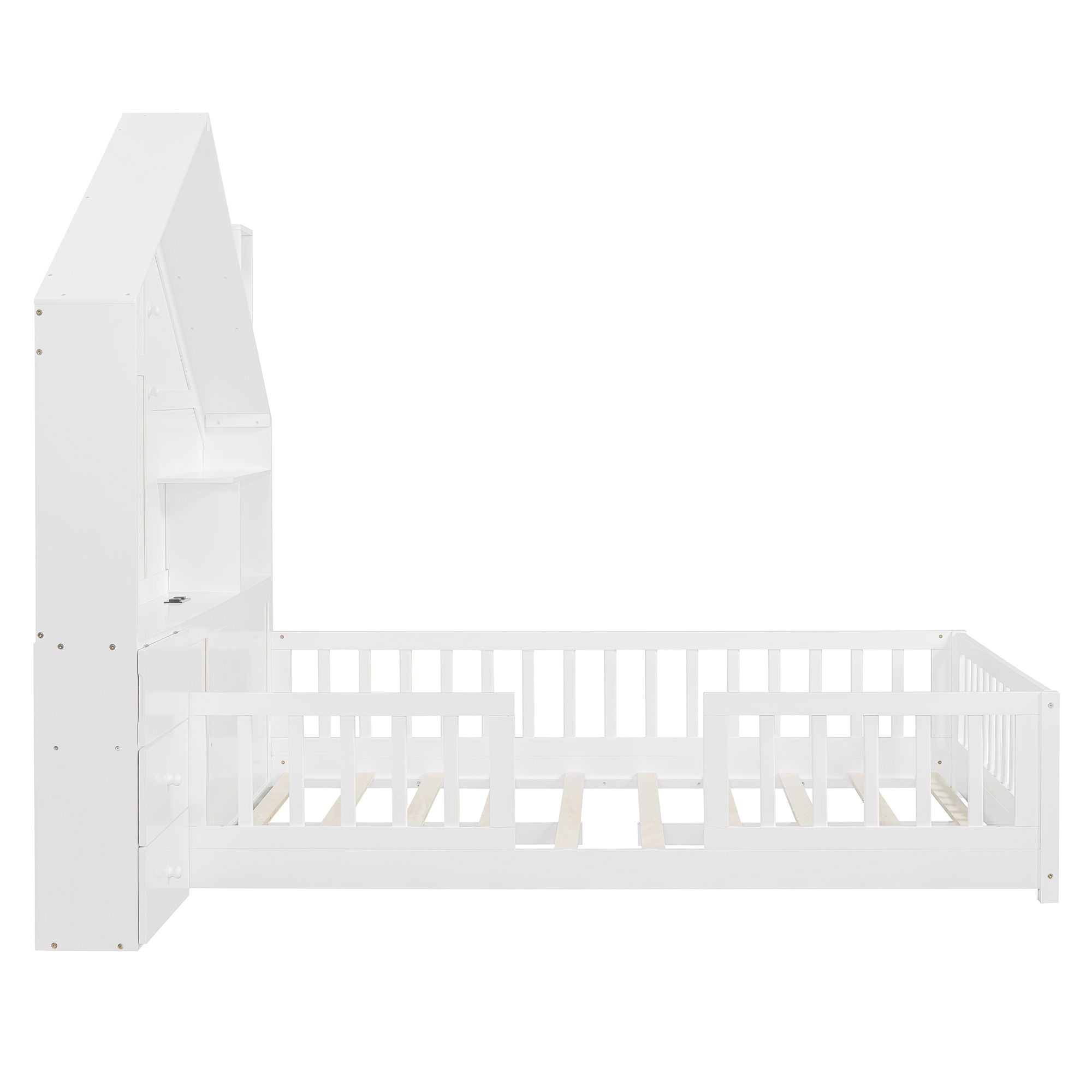 Full Size House Bed With Window And Bedside Drawers, Platform Bed With Shelves And A Set Of Sockets And USB Port - White