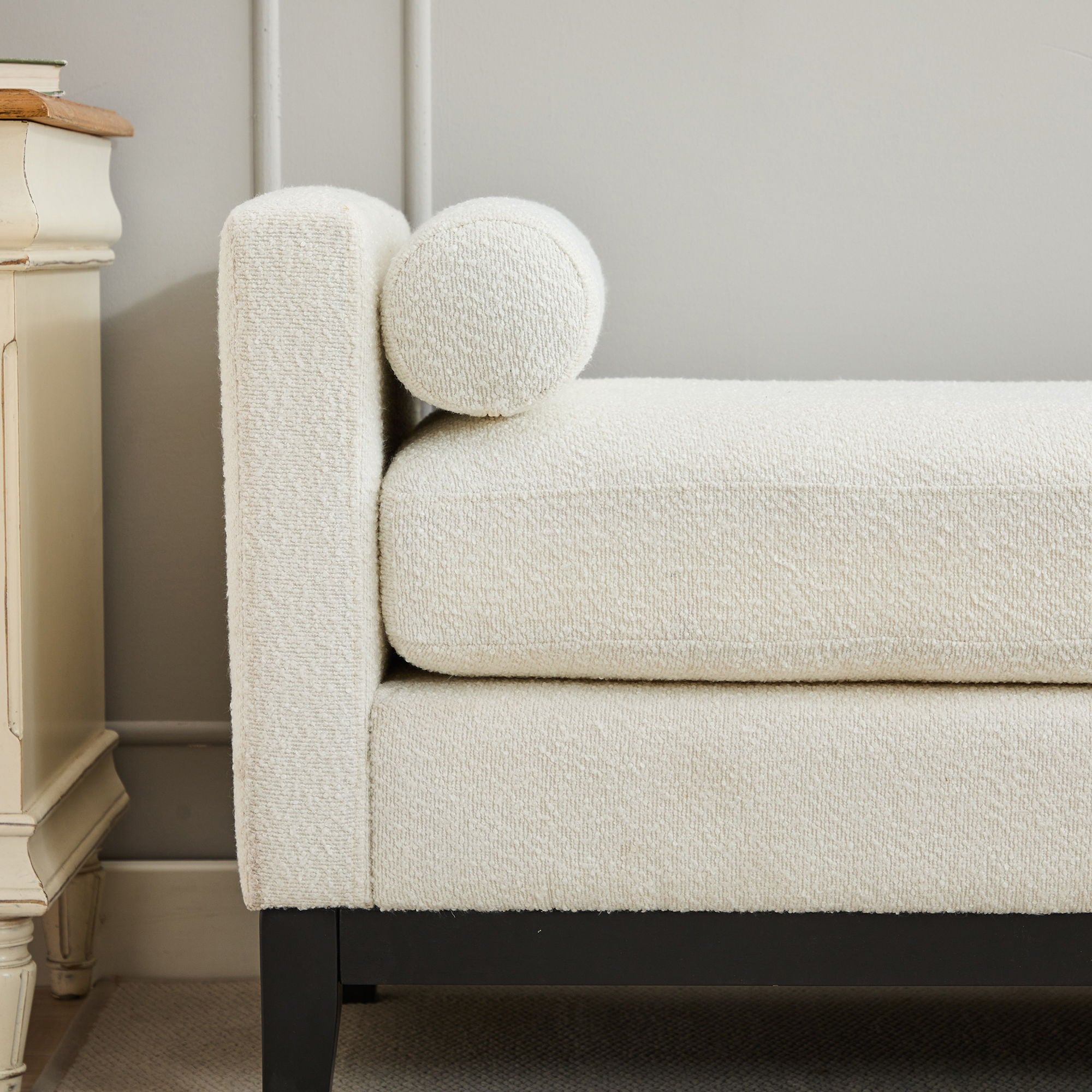 Elegant Upholstered Bench, Daybed, Ottoman With Wood Legs & Bolster Pillows - Ivory Boucle