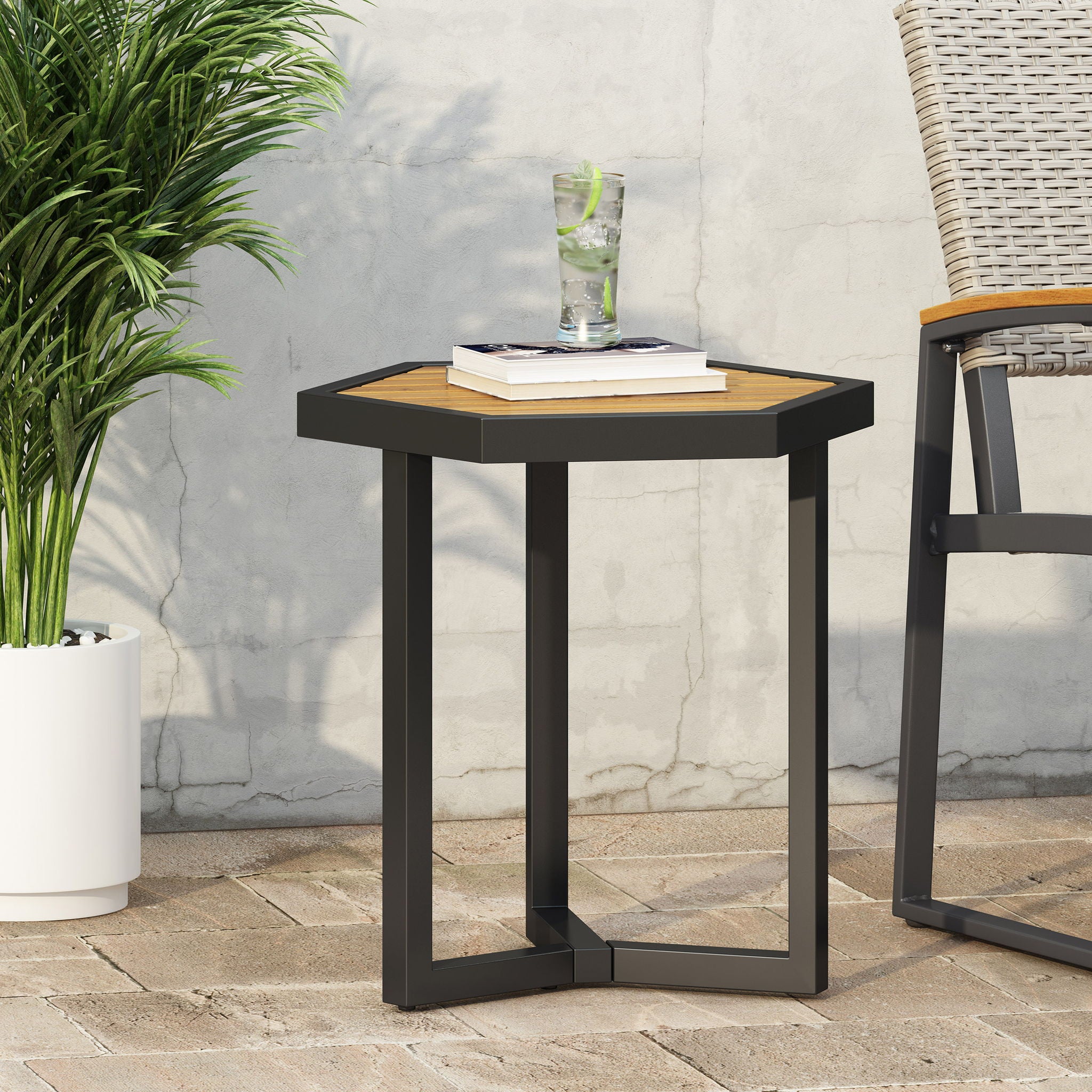 Outdoor Side Table With Iron Base And Slatted Top - Brown