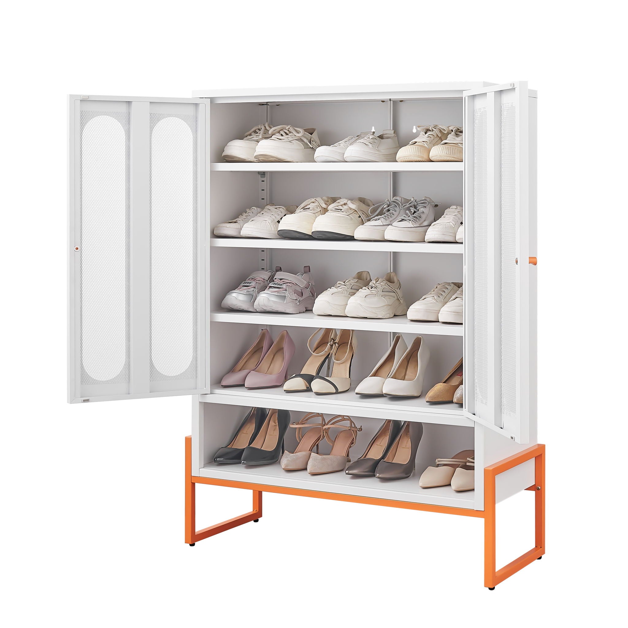 Modern Metal Shoe Cabinet With DoublebSided Mesh Doors And Adjustable Partitions