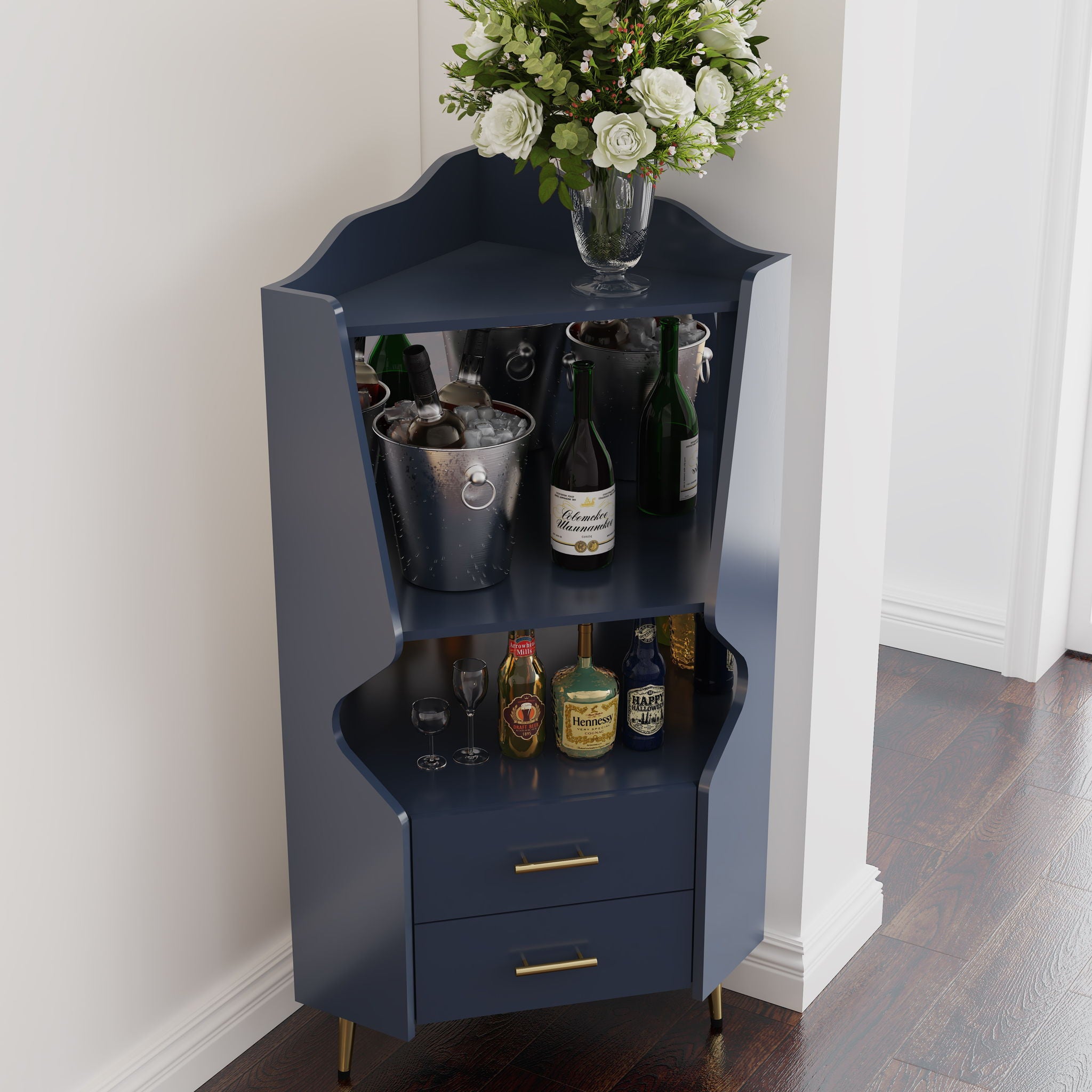 Corner Bar Cabinet With Mirrored Back, 2 Open Shelves & 2 Drawers, High Legs For Easy Cleaning
