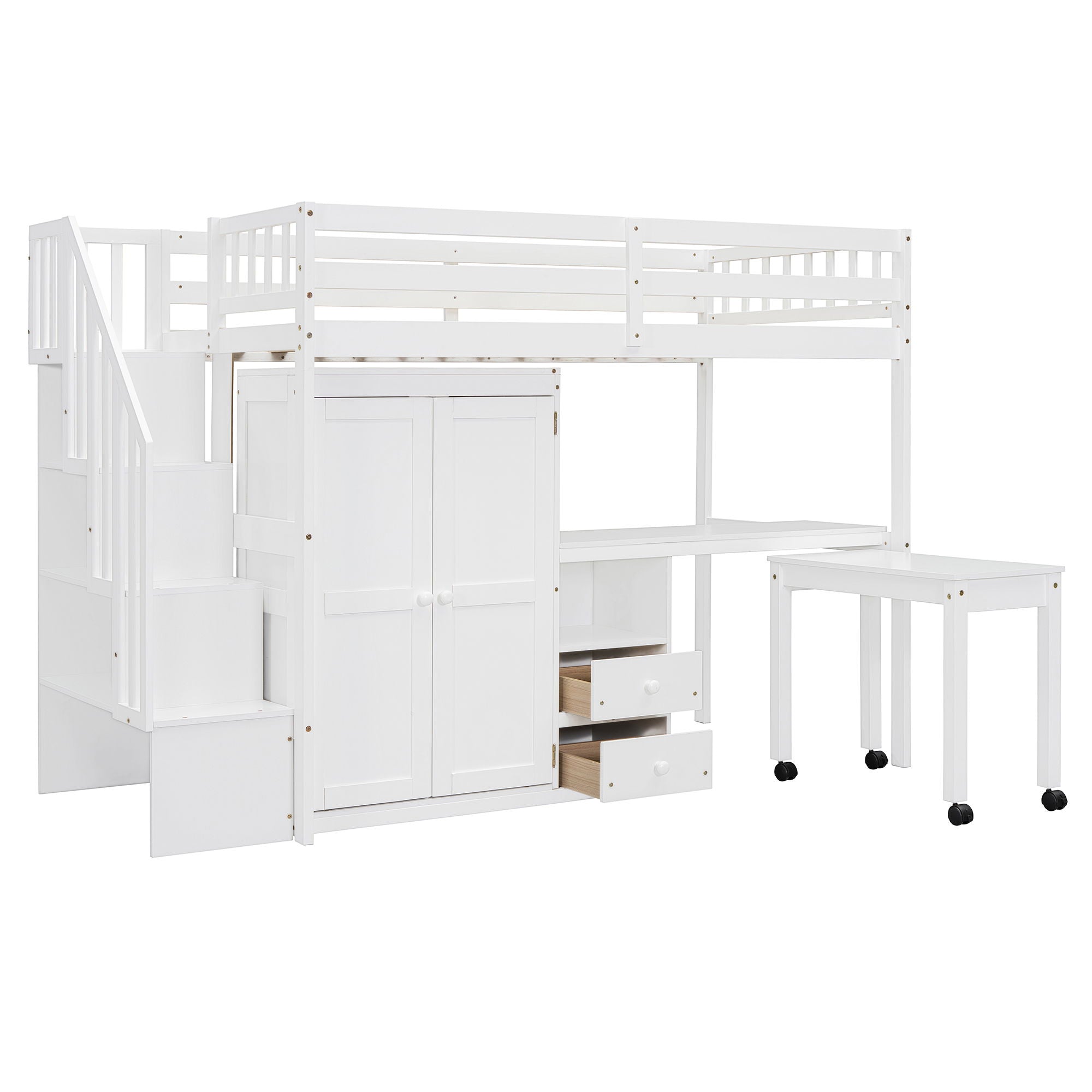 Loft Bed With Stairs, Bookshelf, Drawers, Desk & Wardrobe, Space Saving Multifunctional Furniture