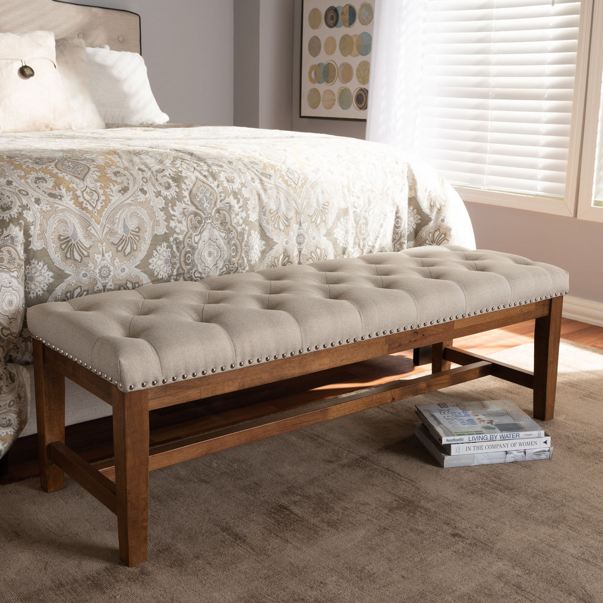 Ainsley Modern and Contemporary Light Beige Fabric Upholstered Walnut Finished Solid Rubberwood Bench