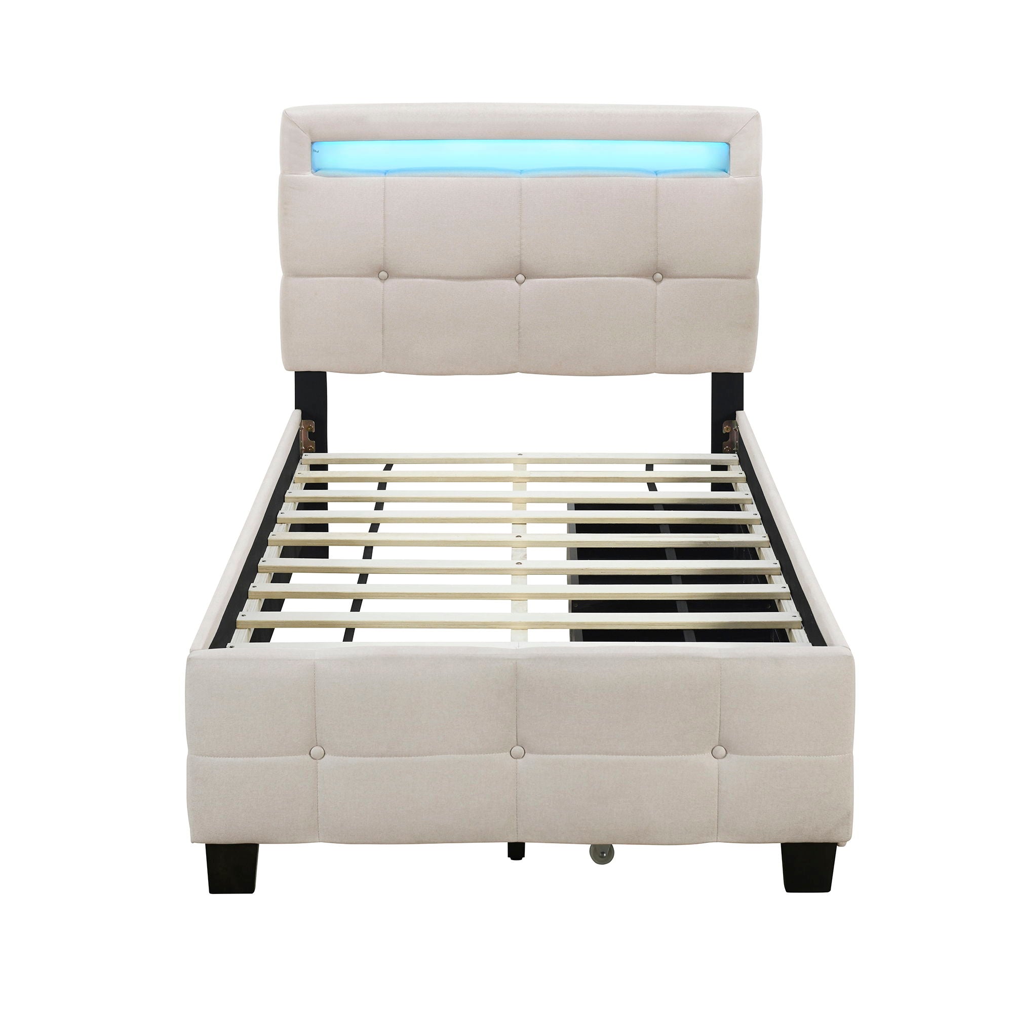 Upholstered Platform Bed With LED Frame, With Trundle And 2 Drawers