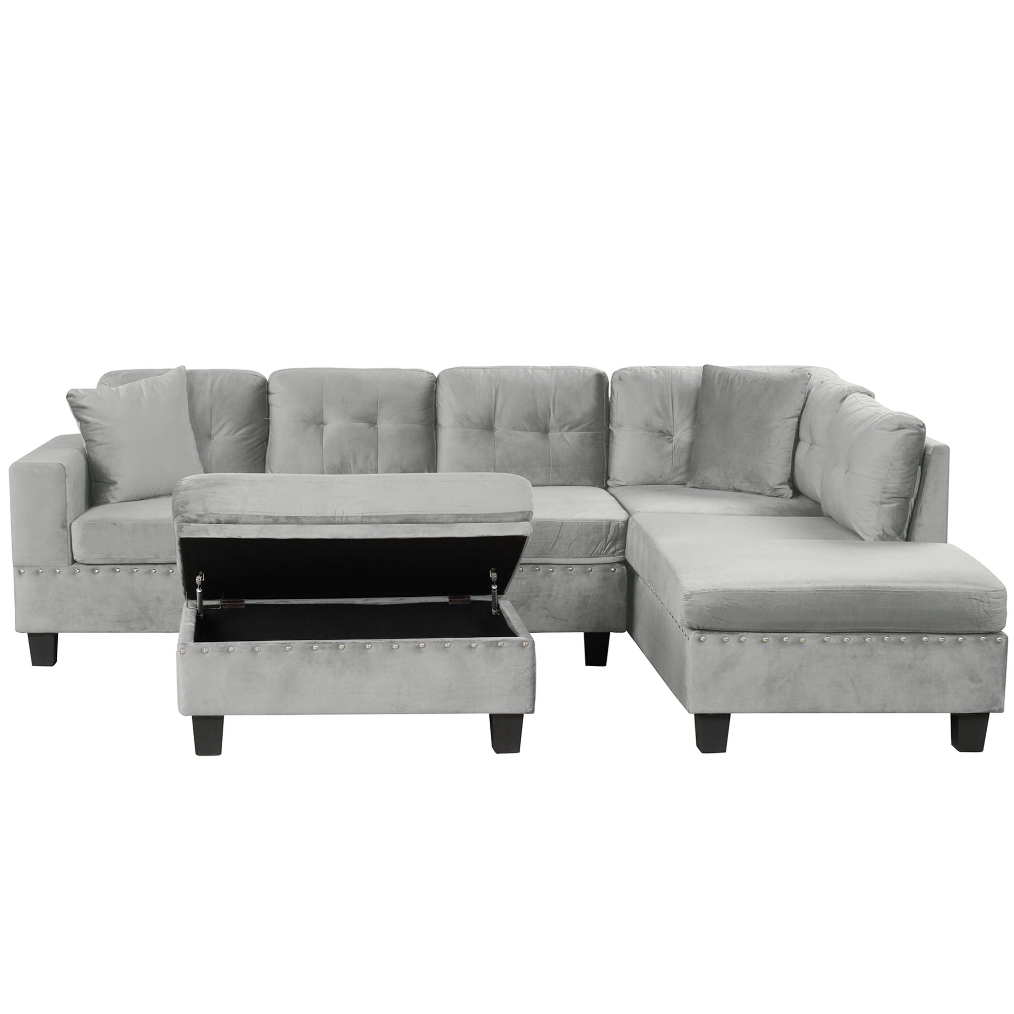 Modern Sectional Sofa With Storage Ottoman, L - Shape Couch With 2 Pillows And Cup Holders