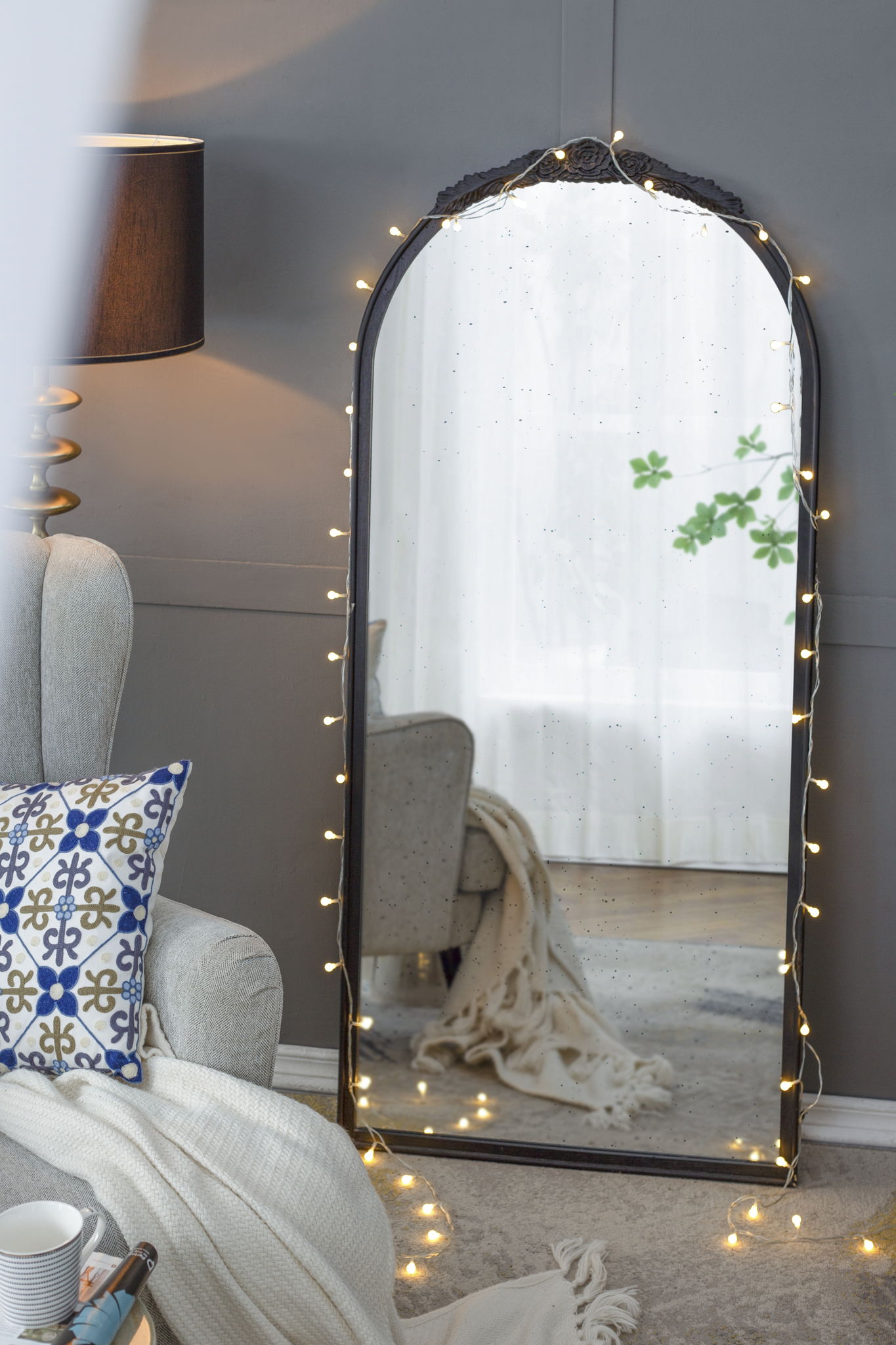 Hand Carved Rose Antique Mirror Frame, Wood Arch Mirror Wall Decor For Living Room