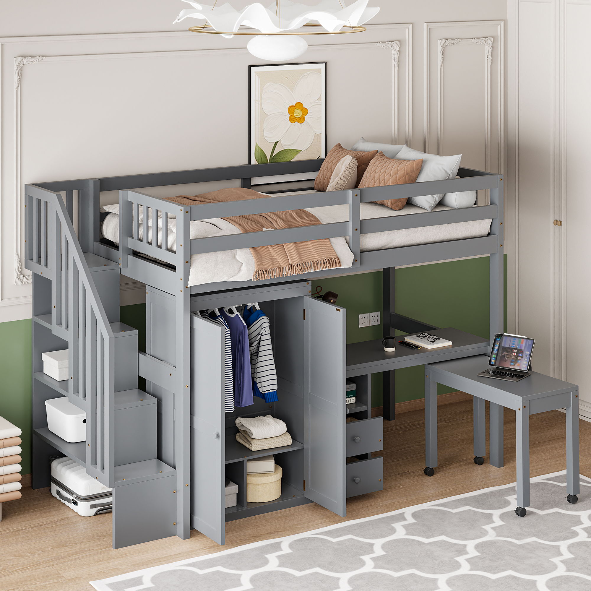 Loft Bed With Stairs, Bookshelf, Drawers, Desk & Wardrobe, Space Saving Multifunctional Furniture