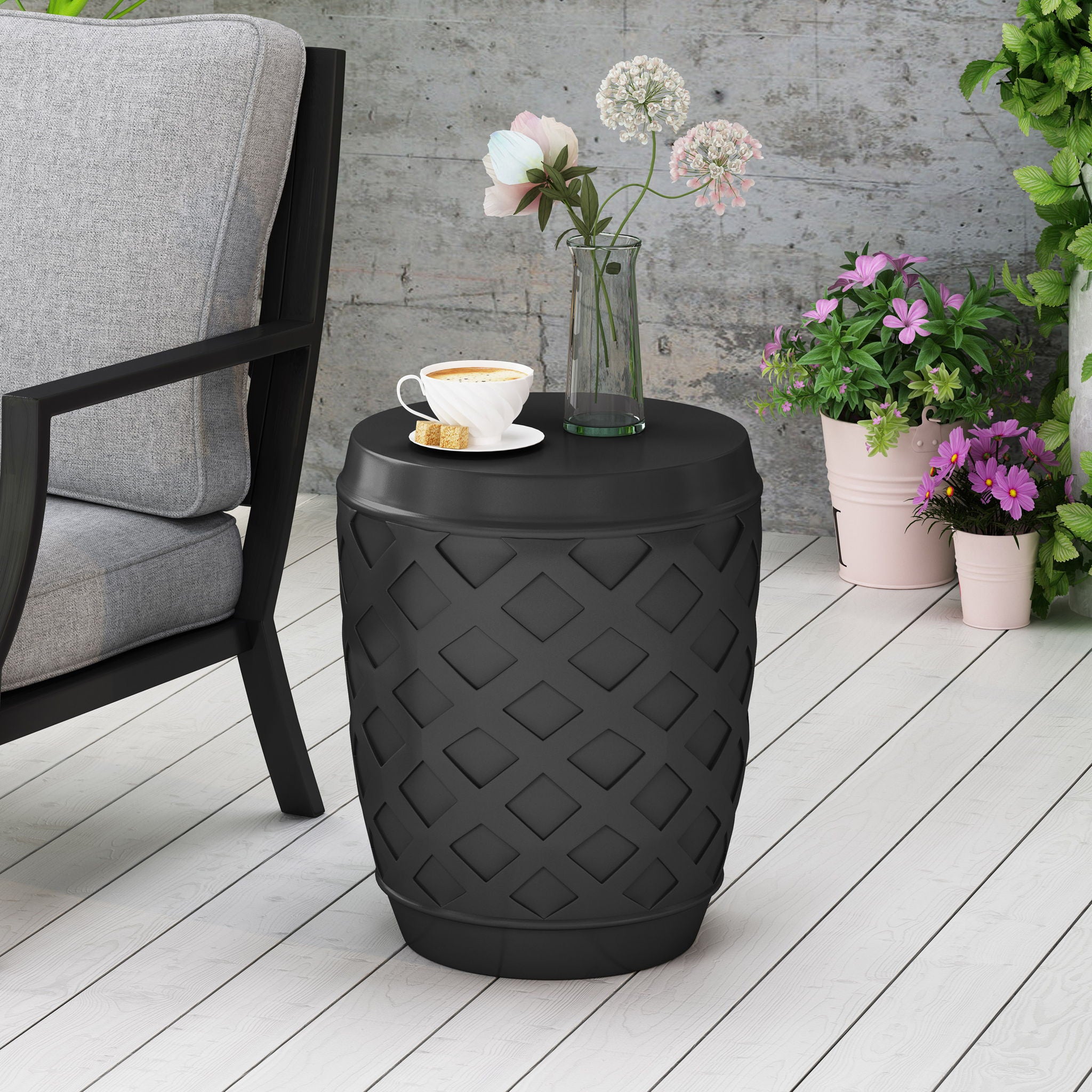 Outdoor Side Table With Lattice Design And Round Top - Black
