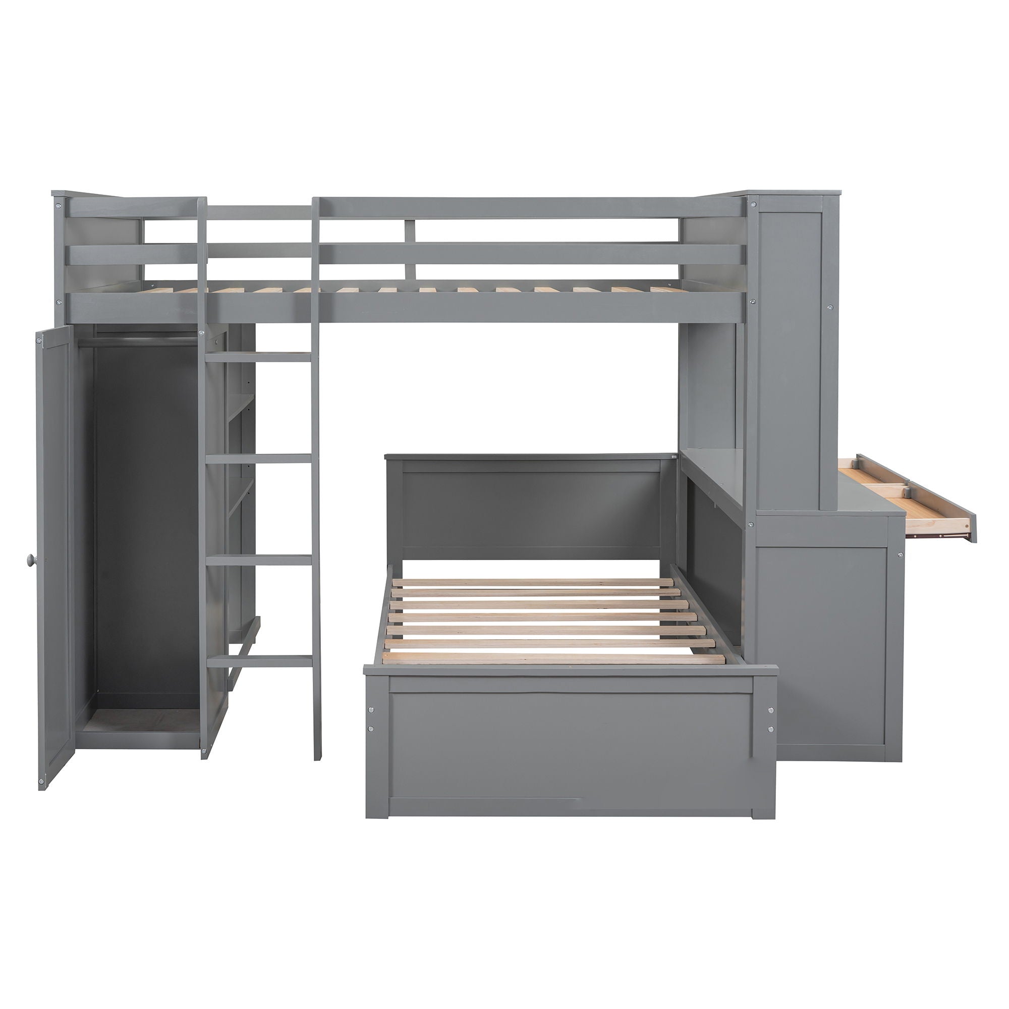 Loft Bed With A Twin Size Standalone Bed, Shelves, Desk, And Wardrobe