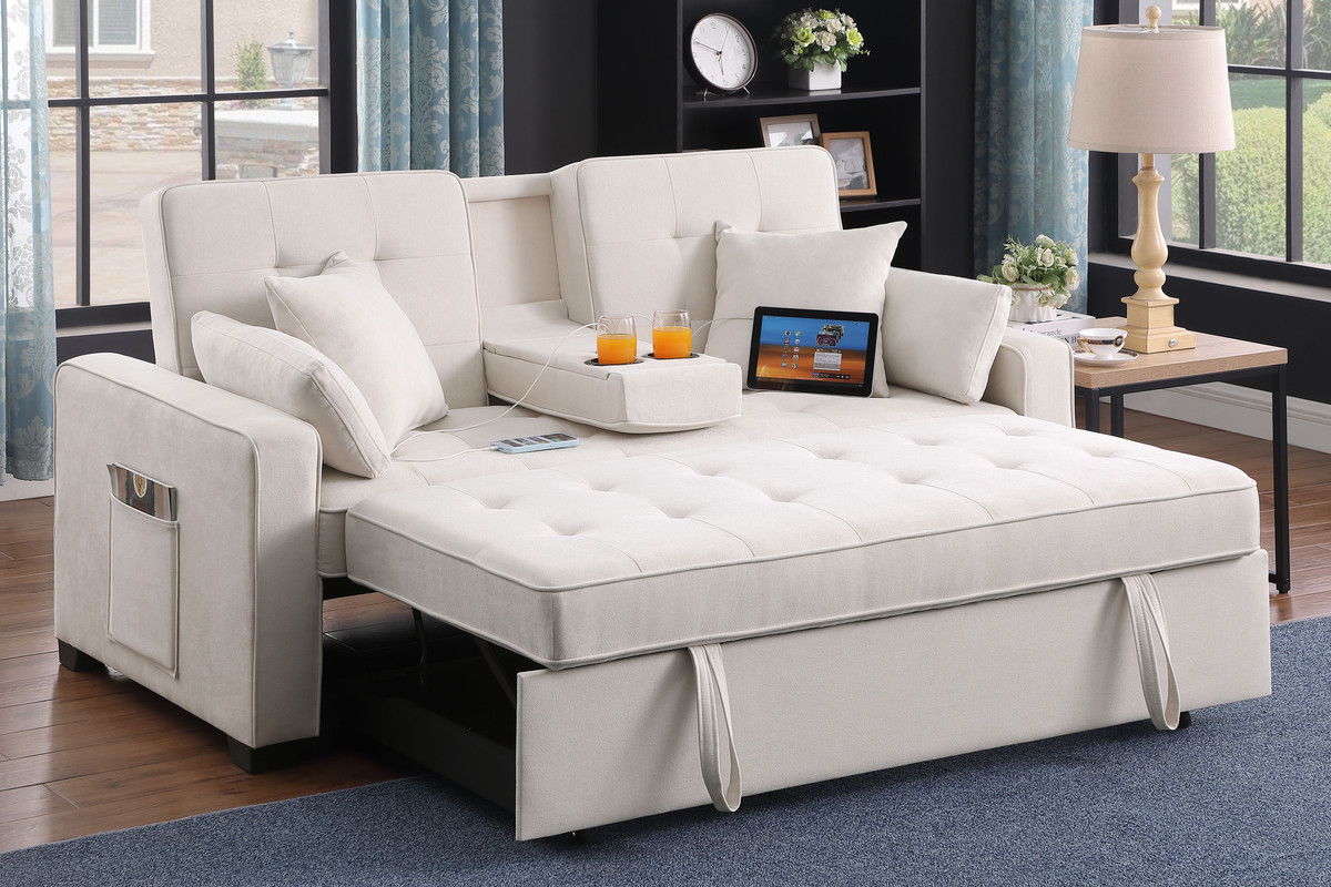 Cody II 70"W Beige Woven Fabric Convertible Sleeper Loveseat with Dropdown Console, Cup Holders, Charging Ports, Pocket, and Pocket Coil Seating