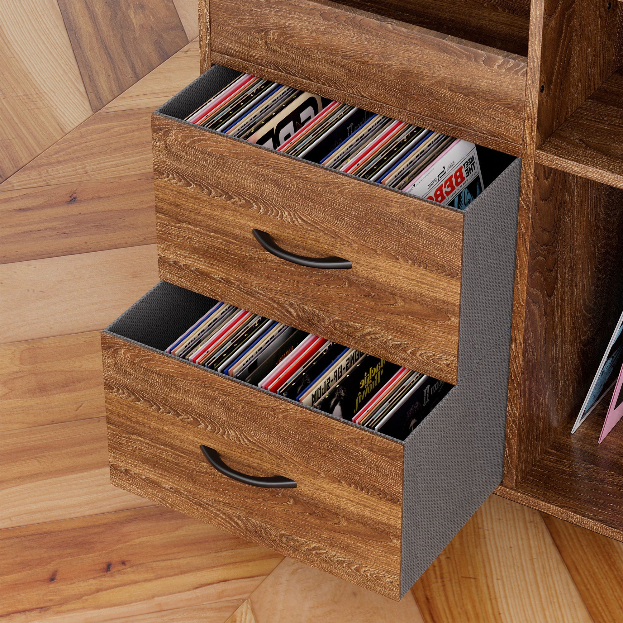 Grain Record Player Stand, Media Console With Speaker Shelf & 2 Drawers