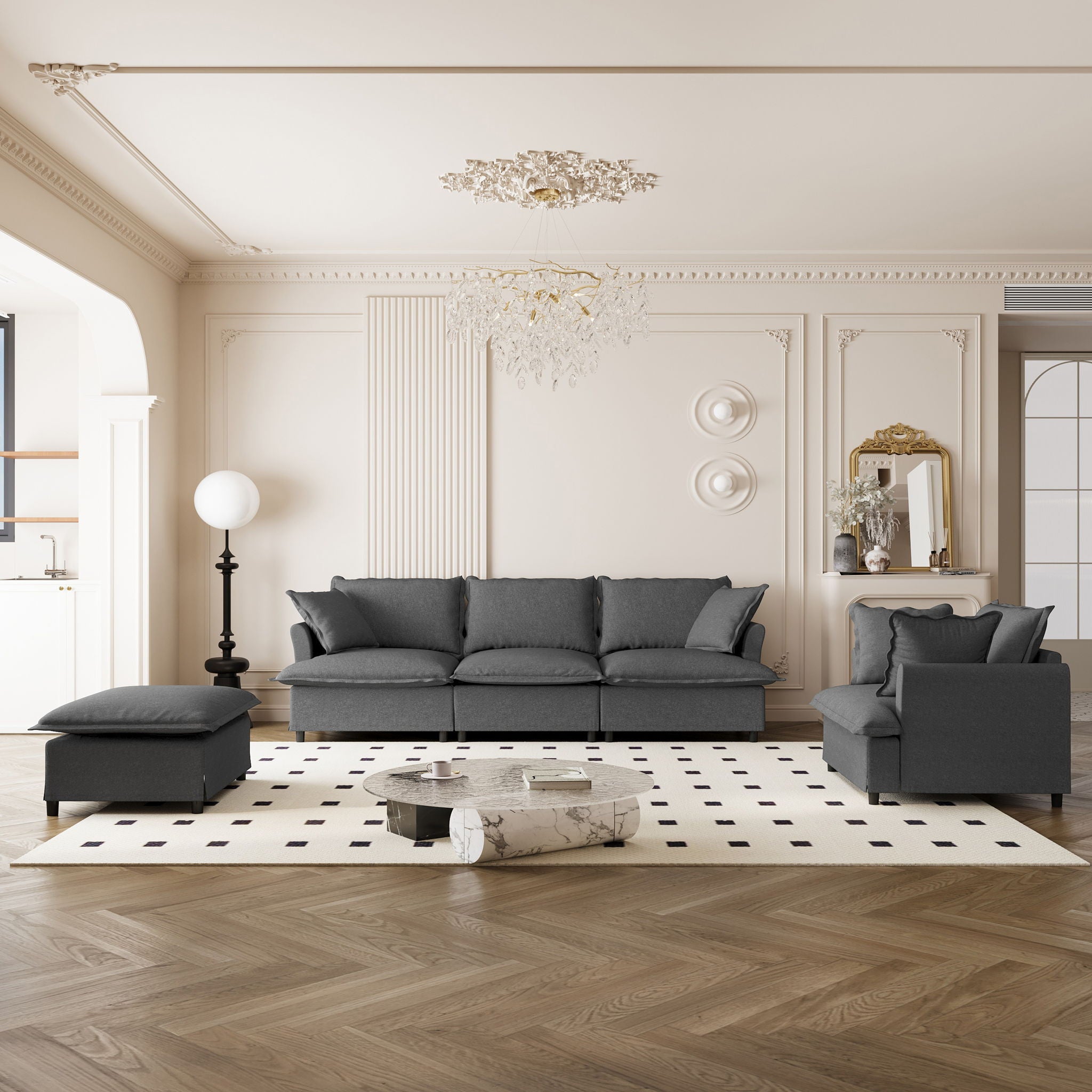 Living Room Set Modular Sectional Couch, Upholstered Sofa & Armchair & Movable Ottoman