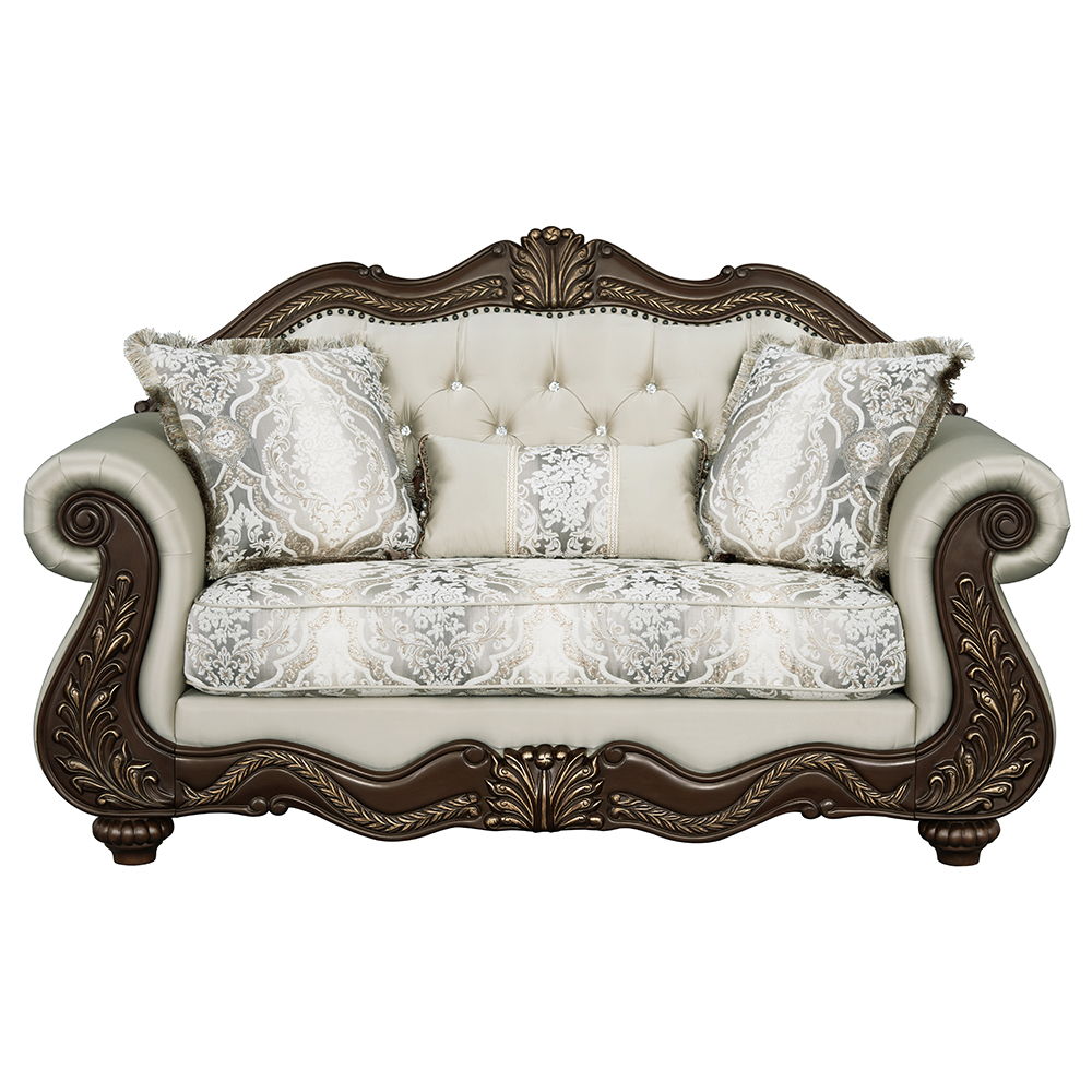 ACME Pierce - Loveseat With 3 Pillows - Beige Fabric & Cherry Finish | Meri Furniture