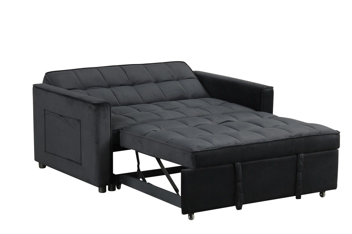 Maeve 53.5"W Black Velvet Convertible Sleeper Loveseat with Tufting and Side Pockets