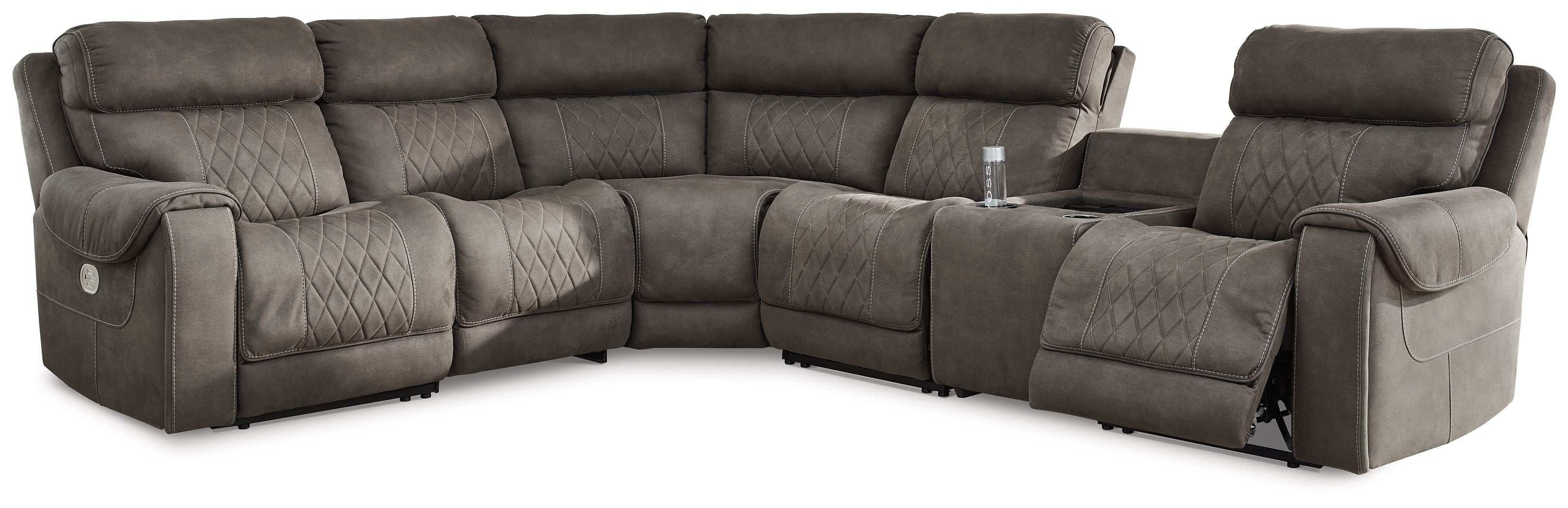 Signature Design by Ashley® Hoopster - Gunmetal - Zero Wall Power Recliner With Console 6 Pc Sectional | Meri Furniture