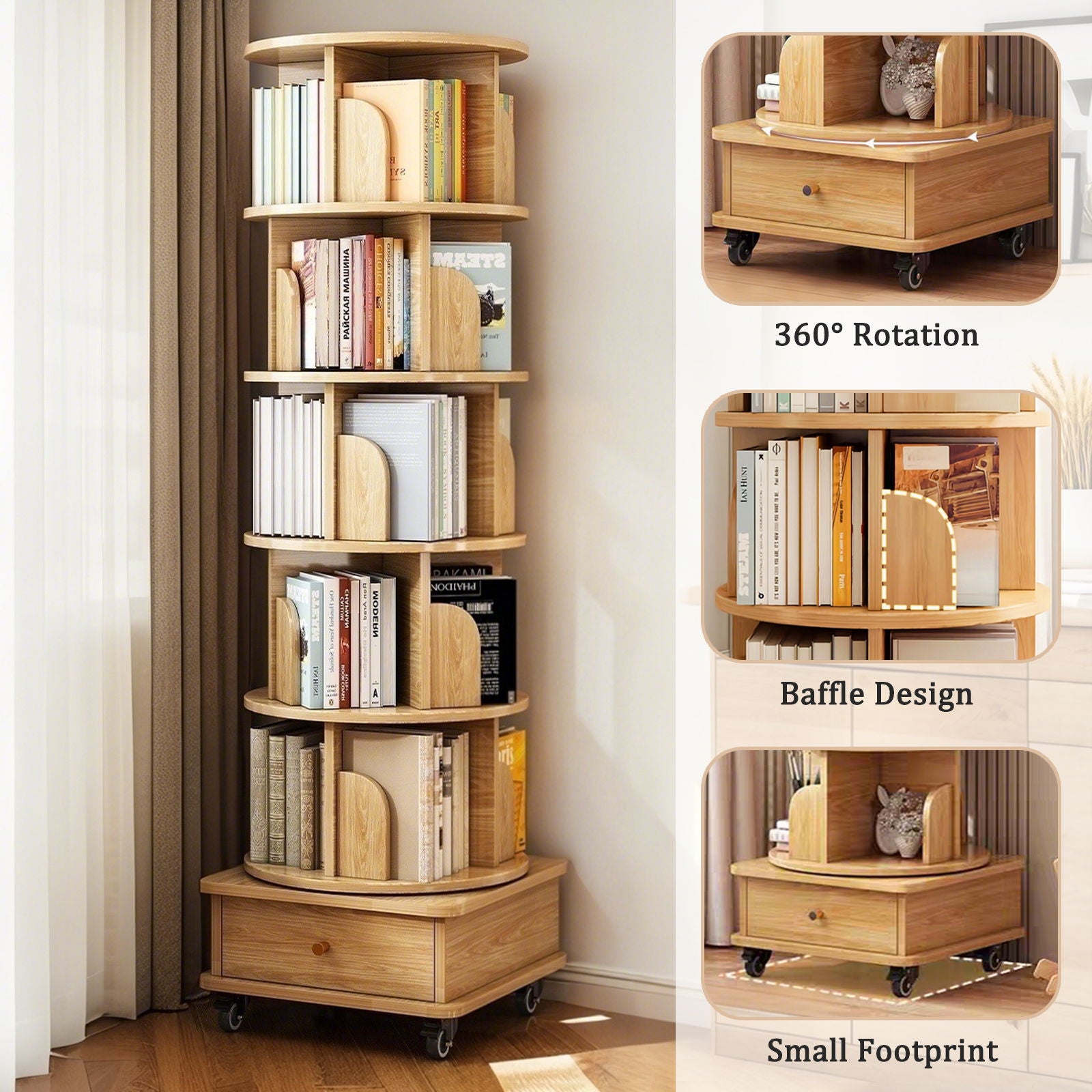 Rotating Bookshelf With Wheels And Drawer, 360° Spinning Design, Space Saving Storage