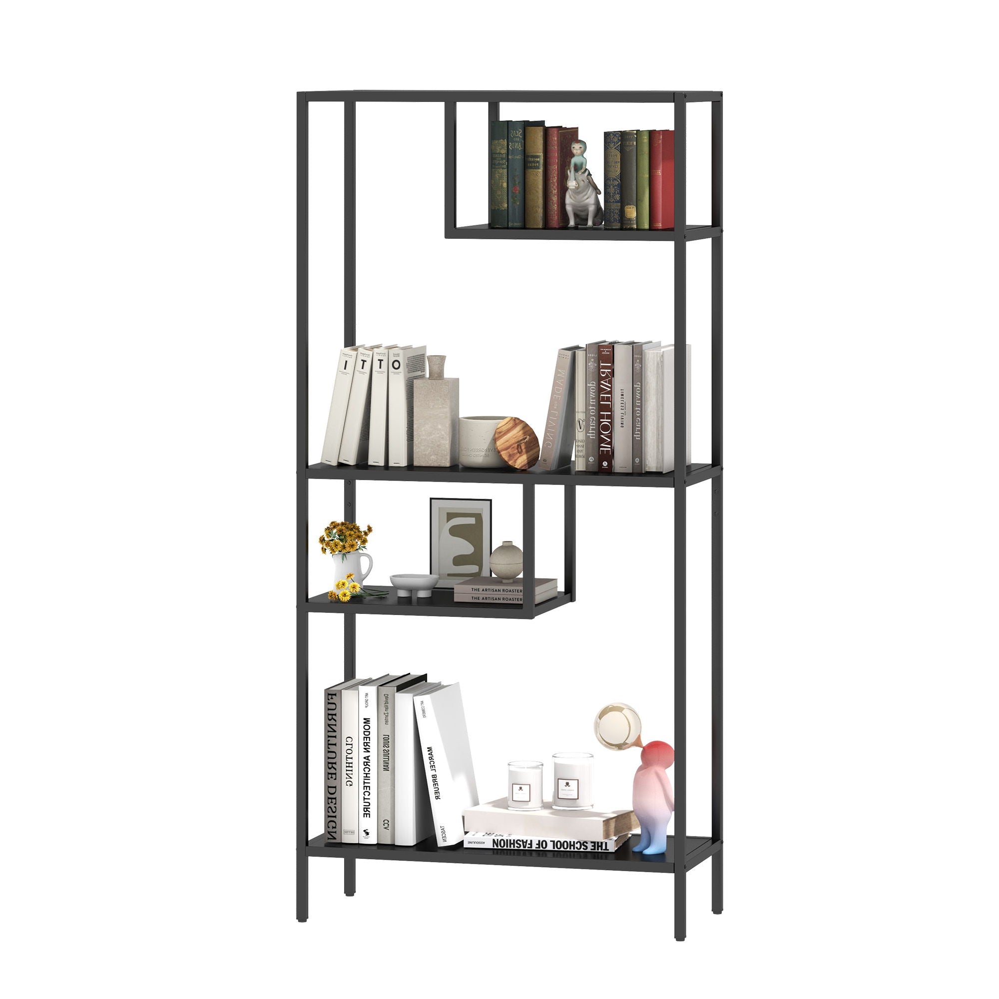 Modern Cube Storage Shelf With 4 Compartments & Metal Legs, Freestanding Organizer For Living Room, Bedroom, Home Office - Brushed Nickel