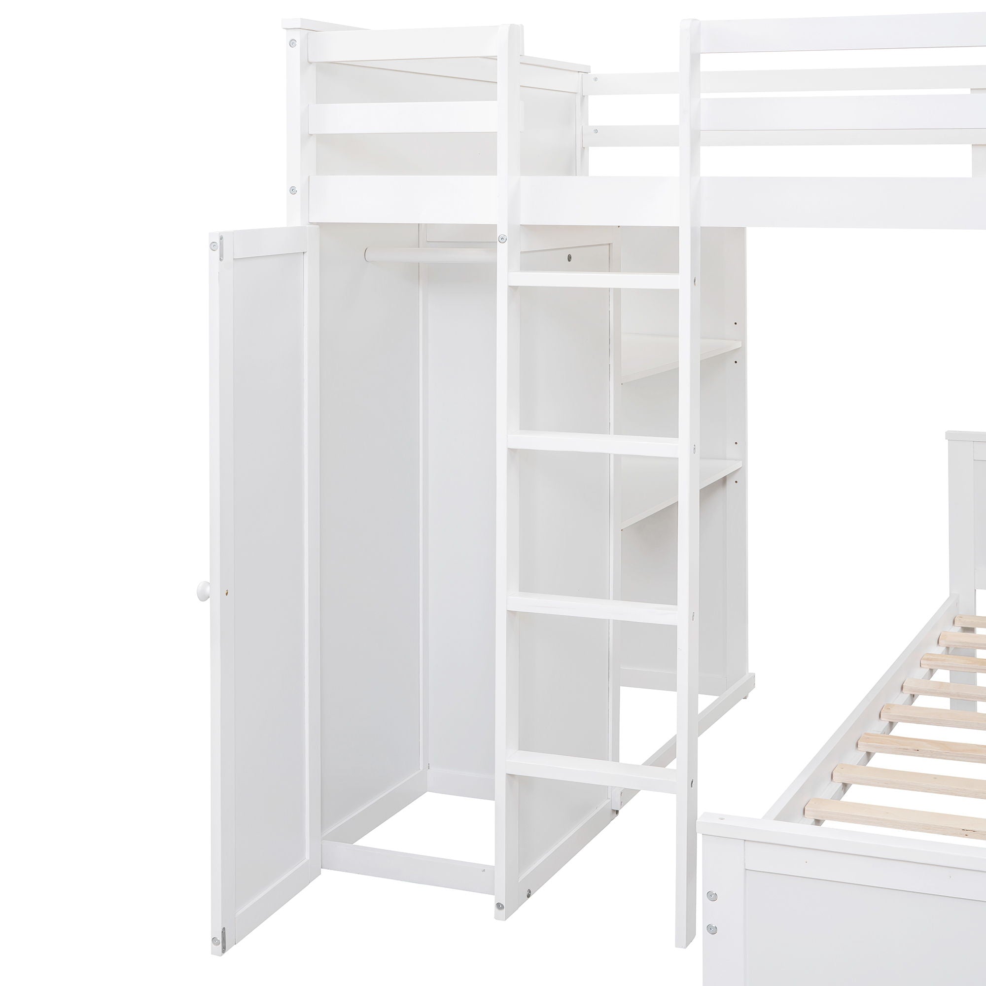 Loft Bed With A Twin Size Standalone Bed, Shelves, Desk, And Wardrobe