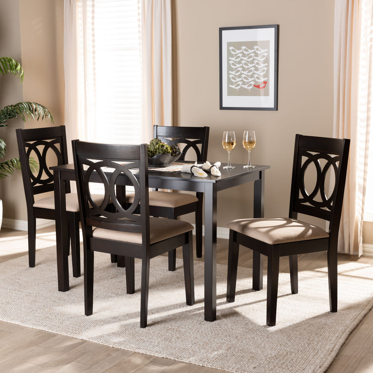 LeNoir Modern and Contemporary Sand Fabric Upholstered Espresso Brown Finished Wood 5-Piece Dining Set