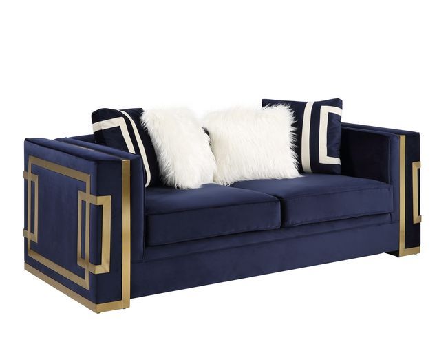 ACME Virrux - Loveseat - Blue Velvet & Gold Finish | Meri Furniture