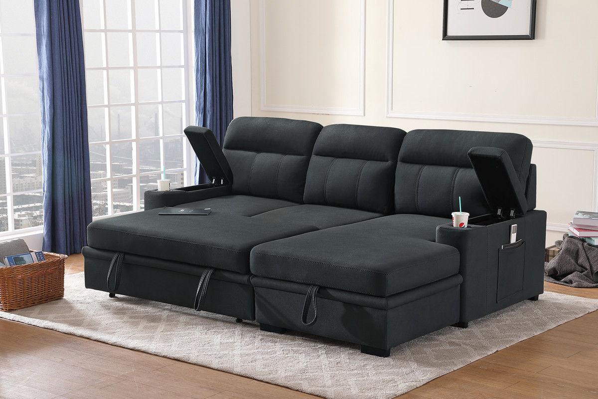Kaden 94"W Black Fabric Sleeper Sectional Sofa Chaise with Storage Arms and Cupholder