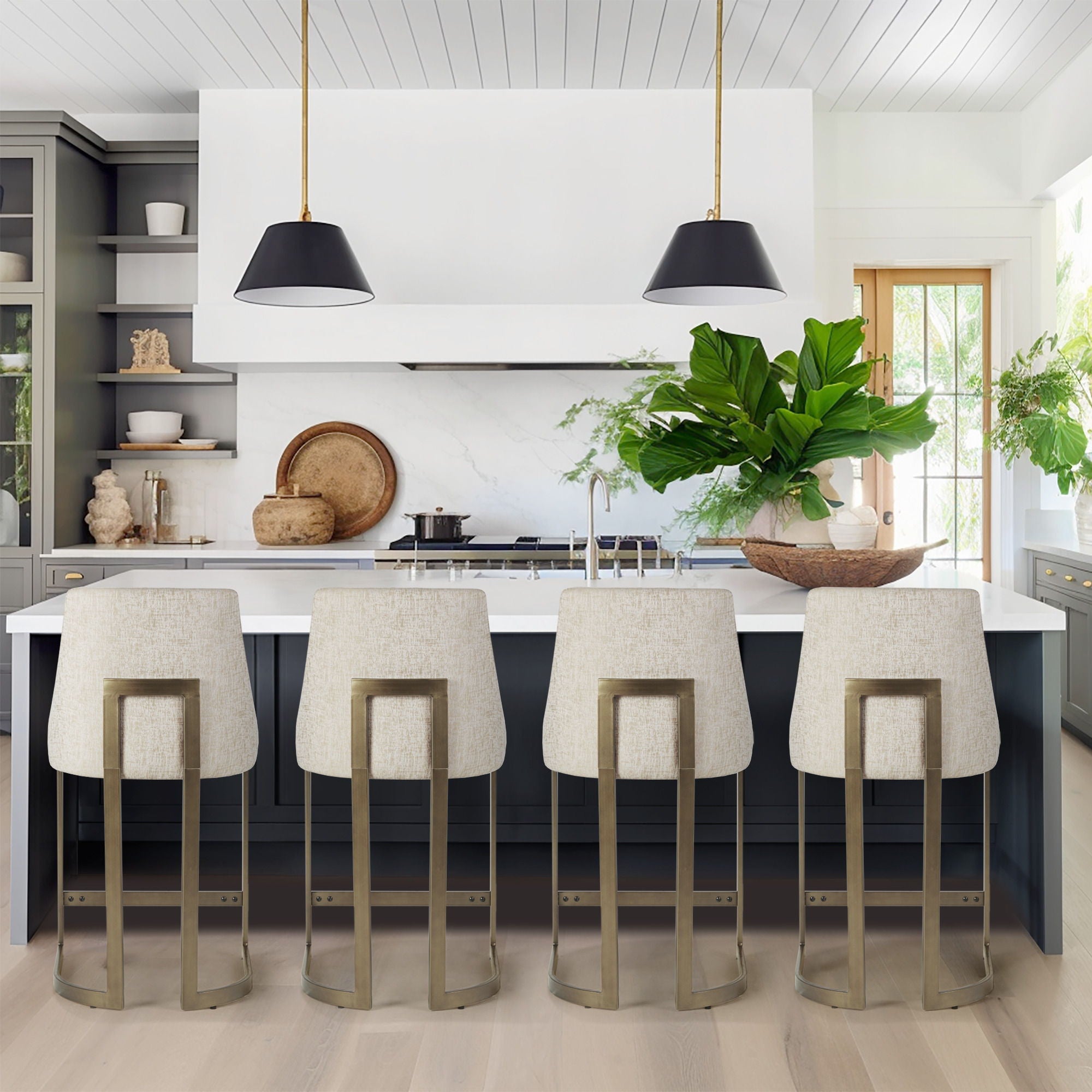 Modern Upholstered Counter Stool With Metal Base - Cream