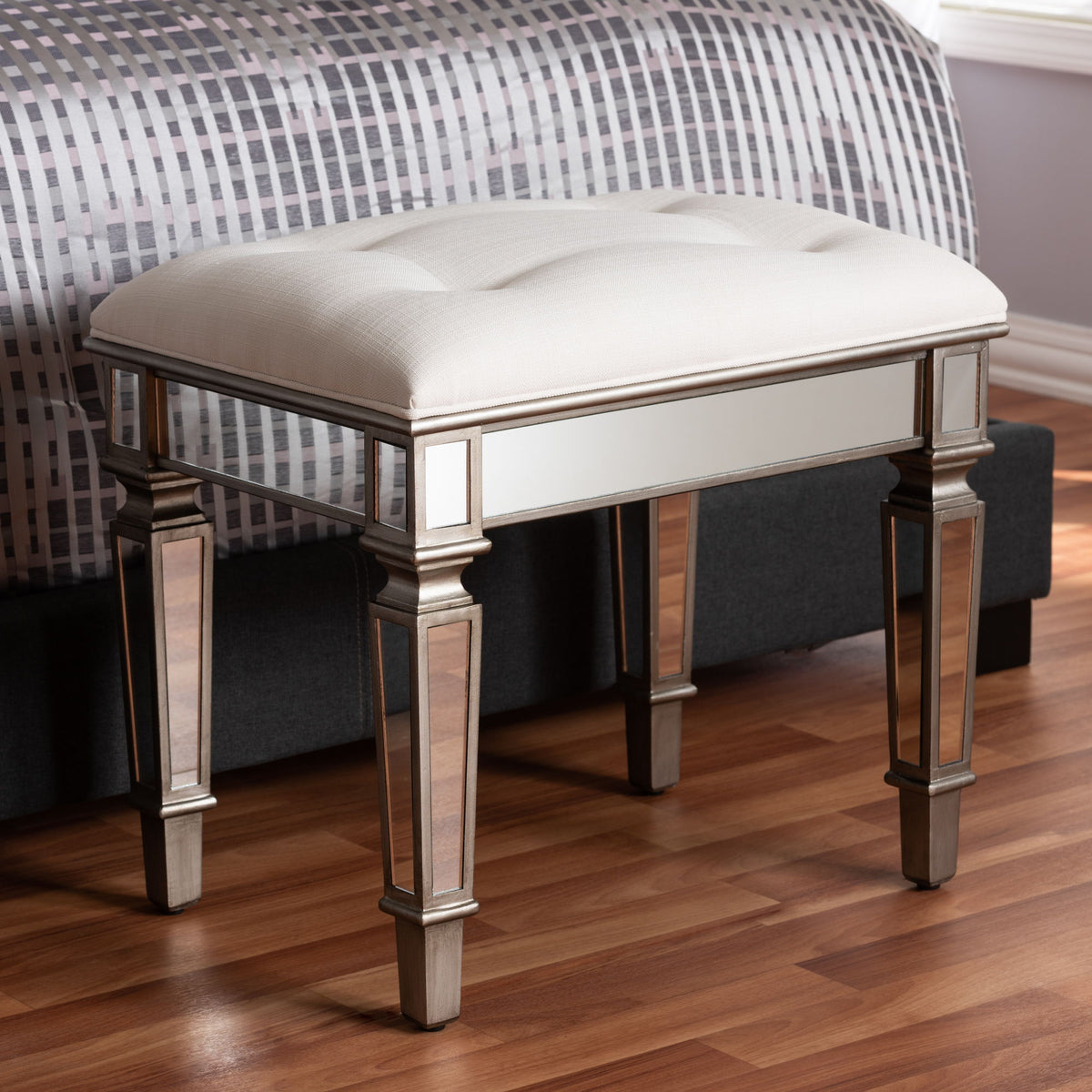 Marielle Hollywood Regency Glamour Style Off White Fabric Upholstered Mirrored Ottoman Vanity Bench