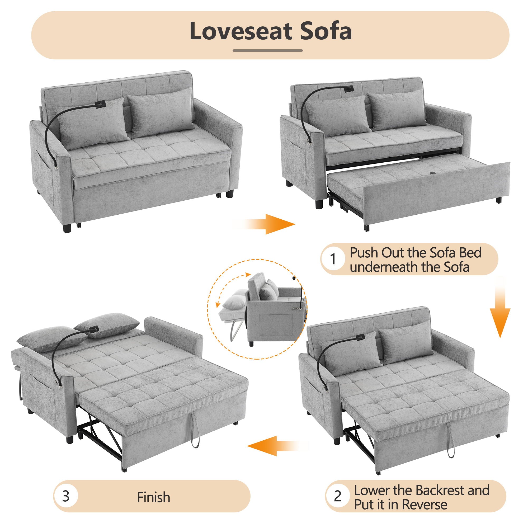Pull-Out Sleeper Sofa With Reversible Backrest Cushion, Side Pockets, 2 USB Ports And A Phone Holder For Living Room