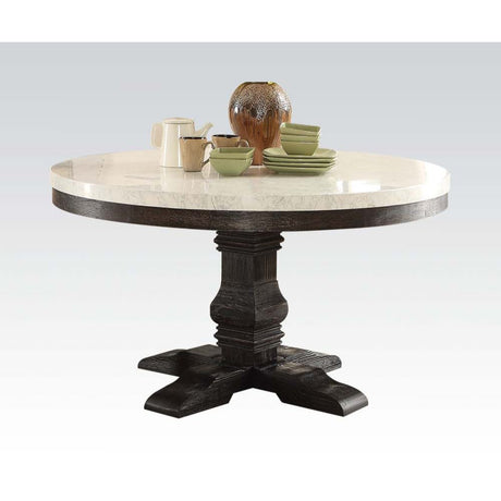 ACME Nolan - Dining Table - White Marble & Salvage Dark Oak - 30" | Meri Furniture
