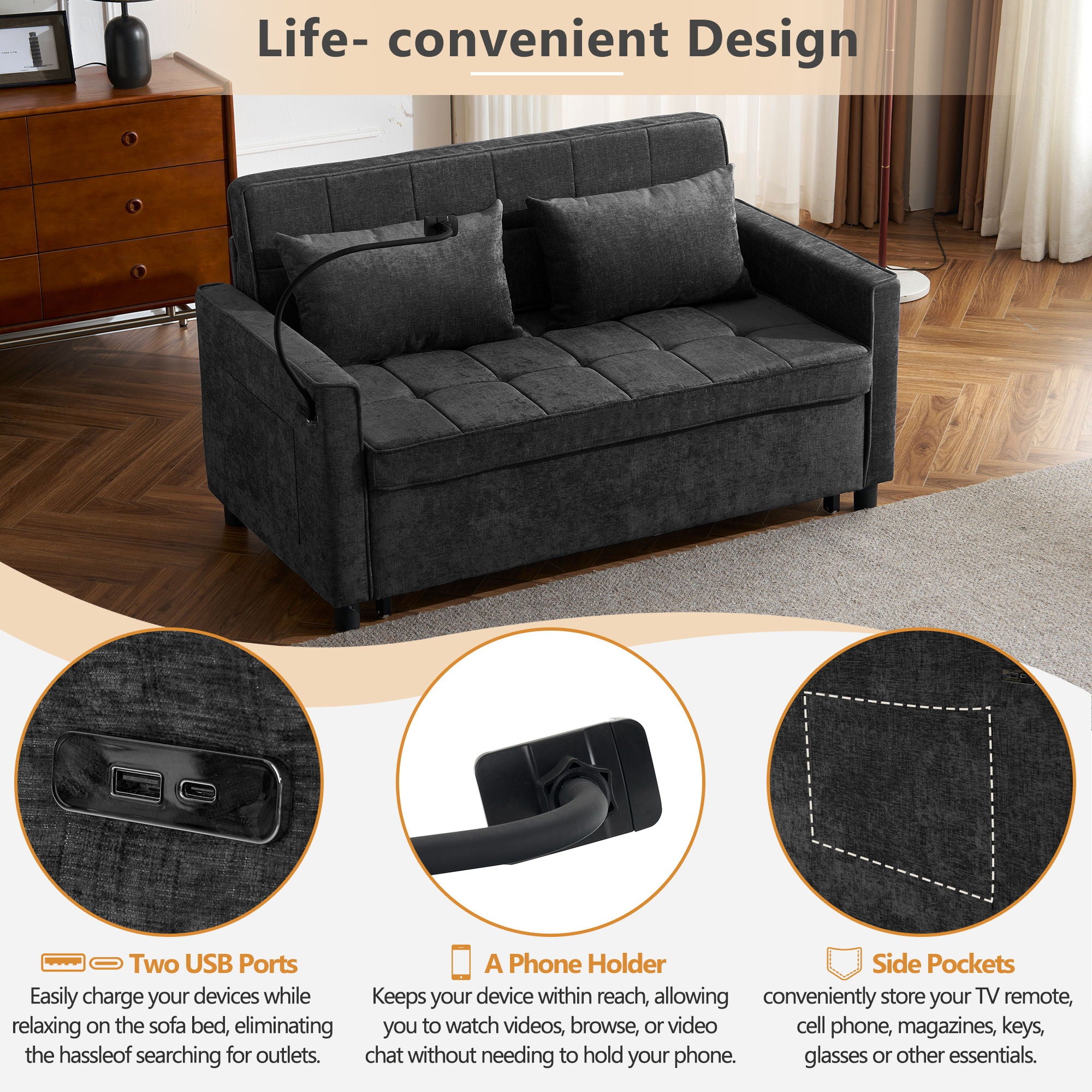 Loveseat Sofa Bed Sleeper With Reversible Backrest, Side Pockets, USB Ports, Phone Holder