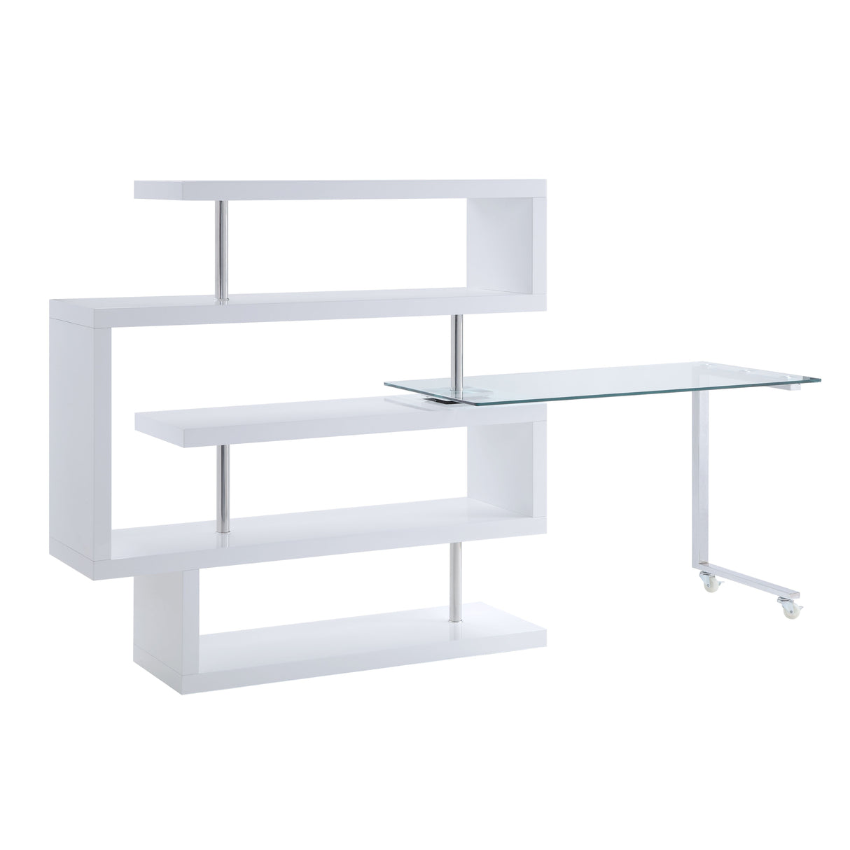 Writing Desk w/Swivel Function 360 Open Storage: 4 Shelves Clear Glass Desk Top High Gloss Finish 2 Wheels Included