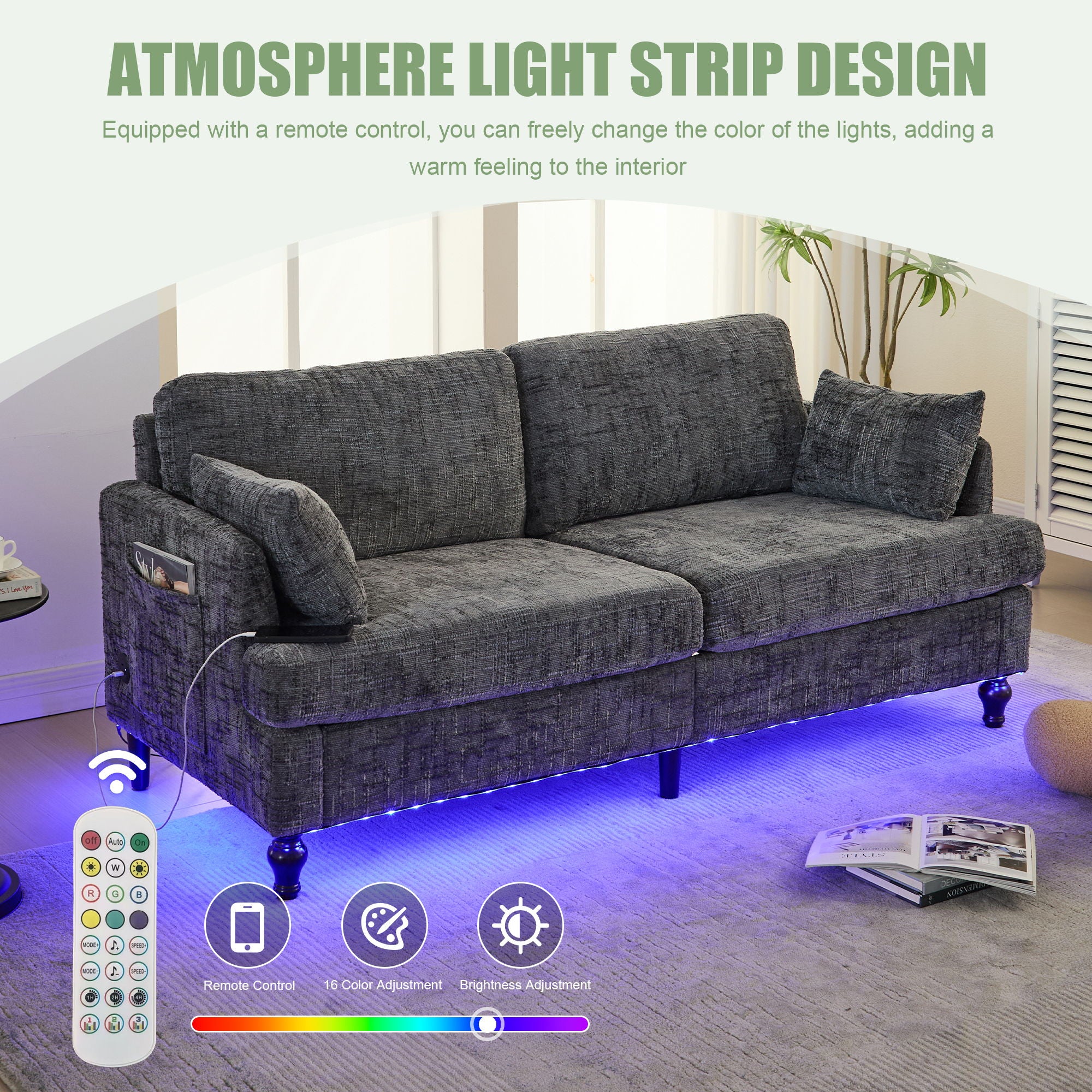 Chenille 2 Seater Sofa With LED Light, USB Charging Port, And Storage Bag