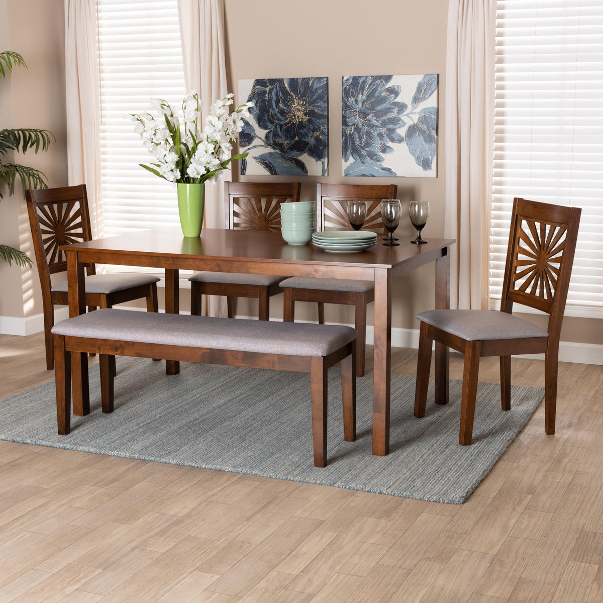 Olympia Modern Grey Fabric and Walnut Brown Finished Wood 6-Piece Dining Set
