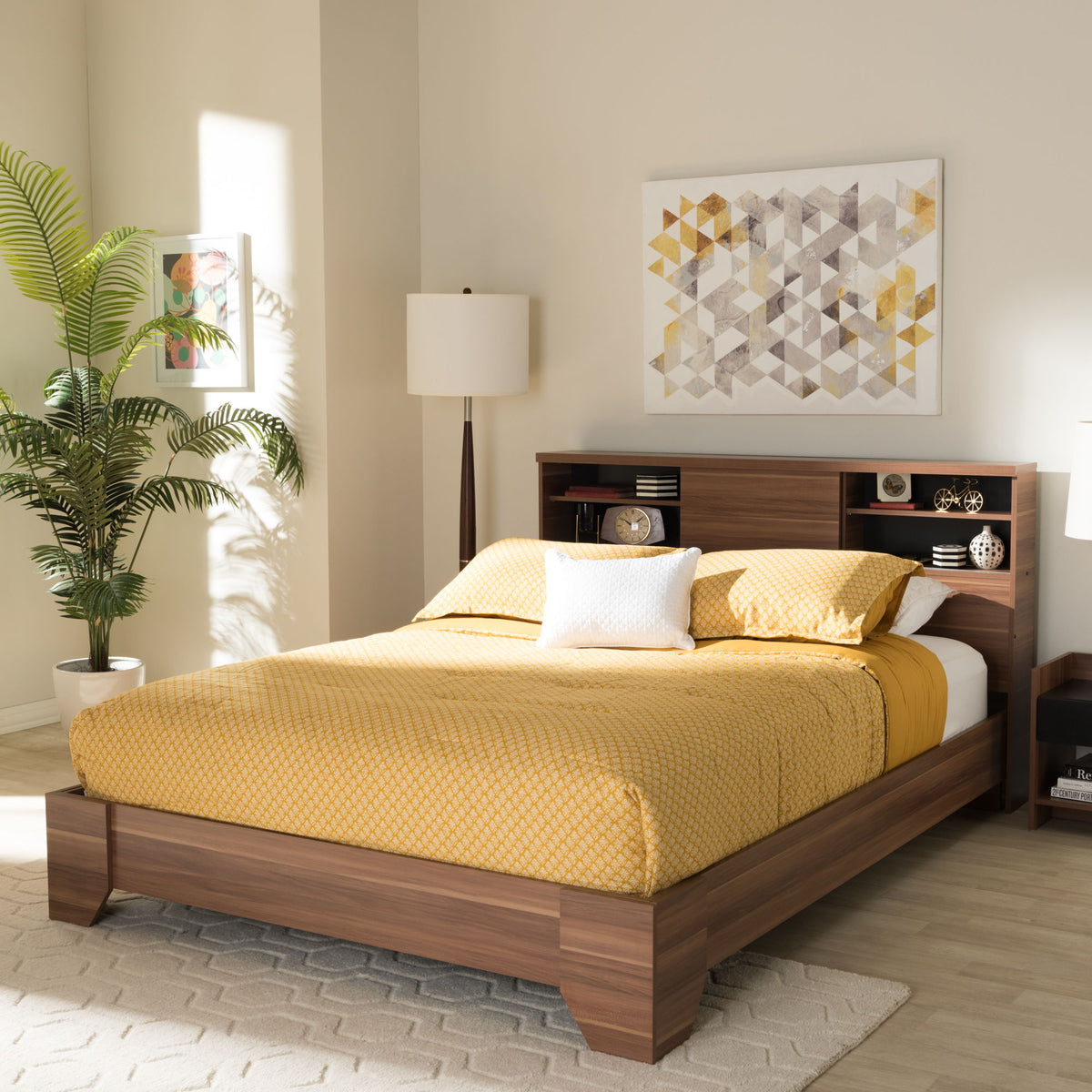 Vanda Modern and Contemporary Two-Tone Walnut and Black Wood Queen Size Platform Bed