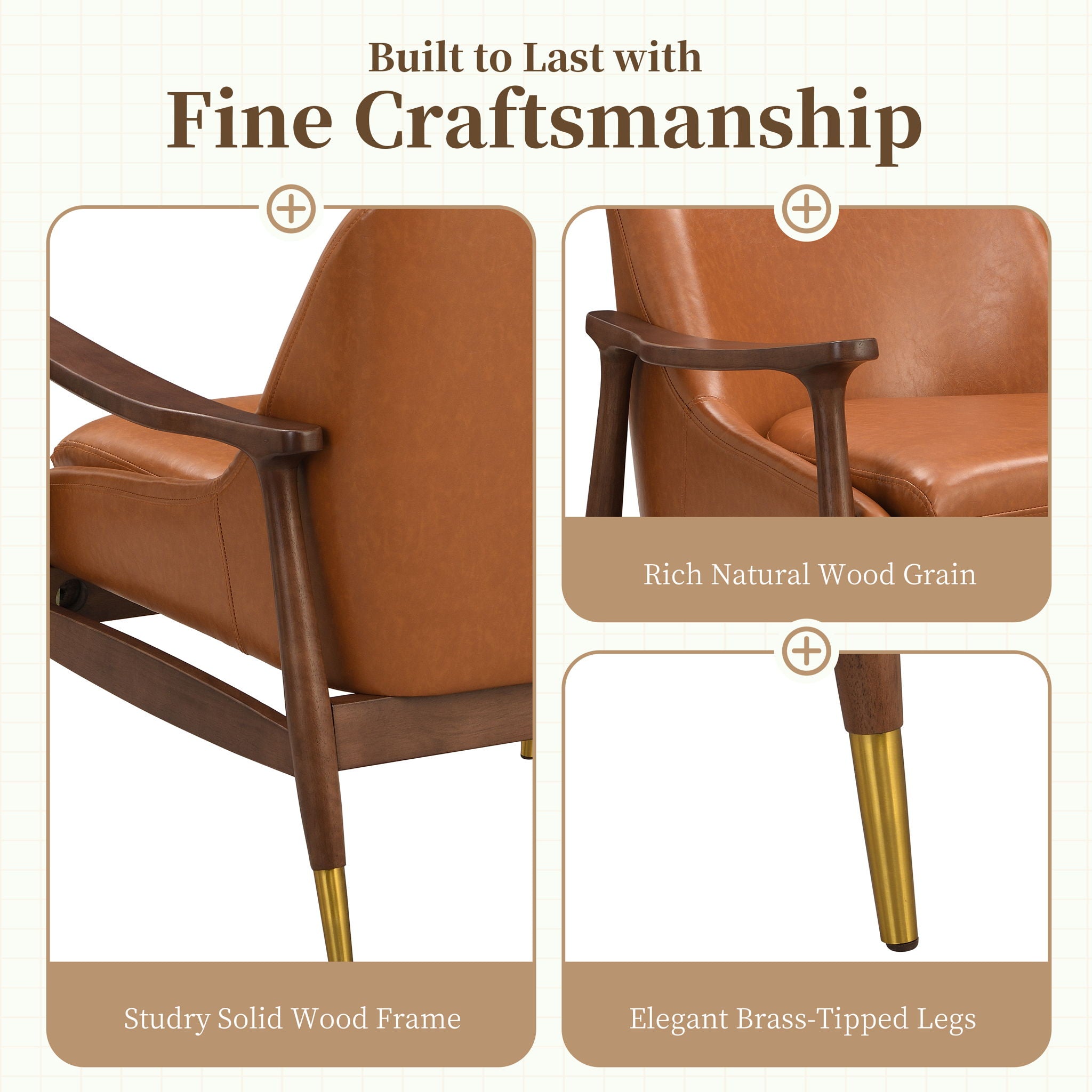 Mid - Century Accent Chair With Cushioned Seat, Brass Tipped Legs