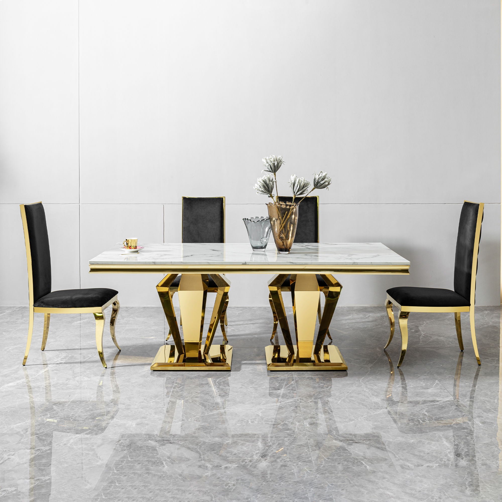 79.53 In. Elegant Marble Pattern Dining Table For 6 Or 8 Seats Polished Stainless Steel Base - Gold