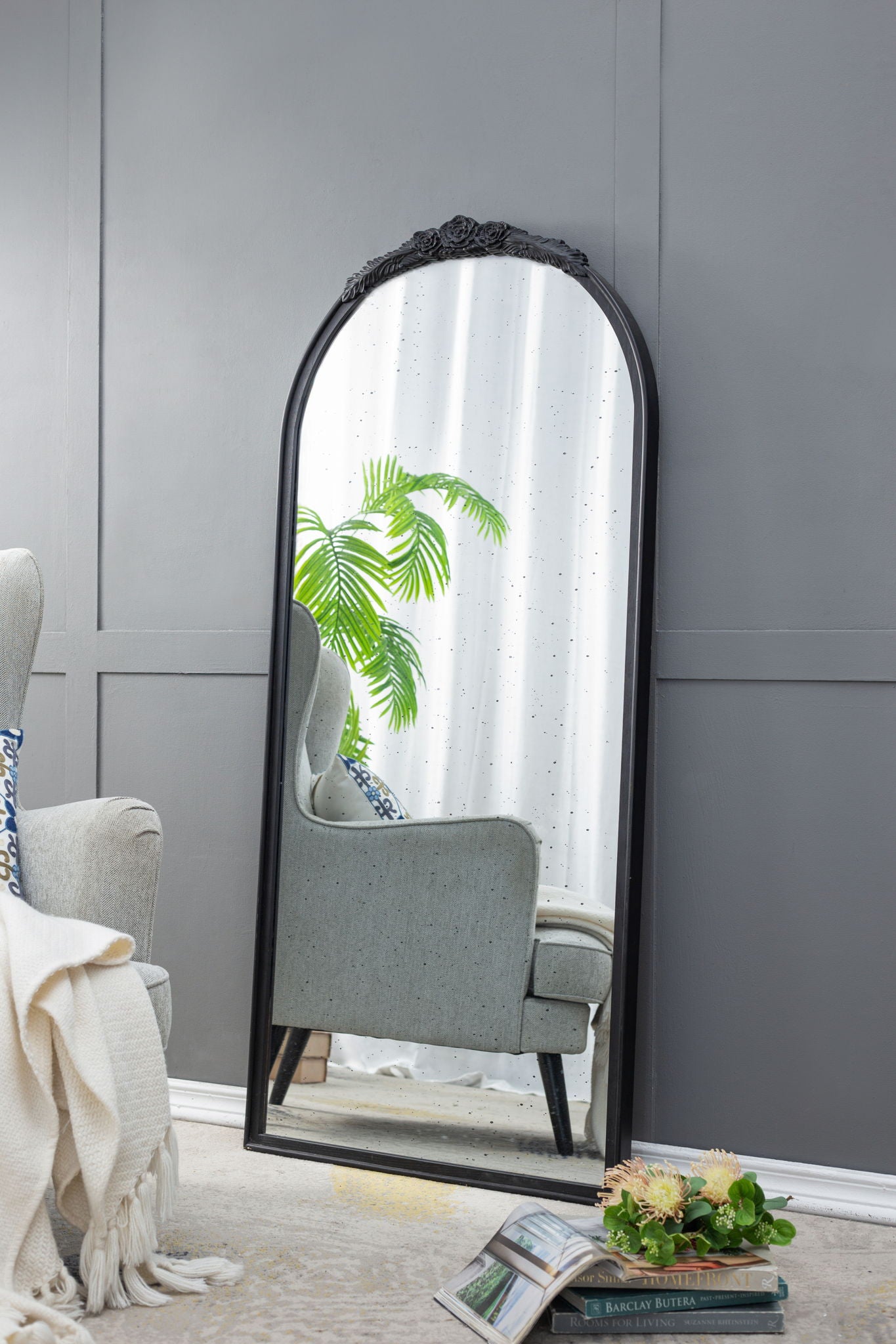 Hand Carved Rose Antique Mirror Frame, Wood Arch Mirror Wall Decor For Living Room