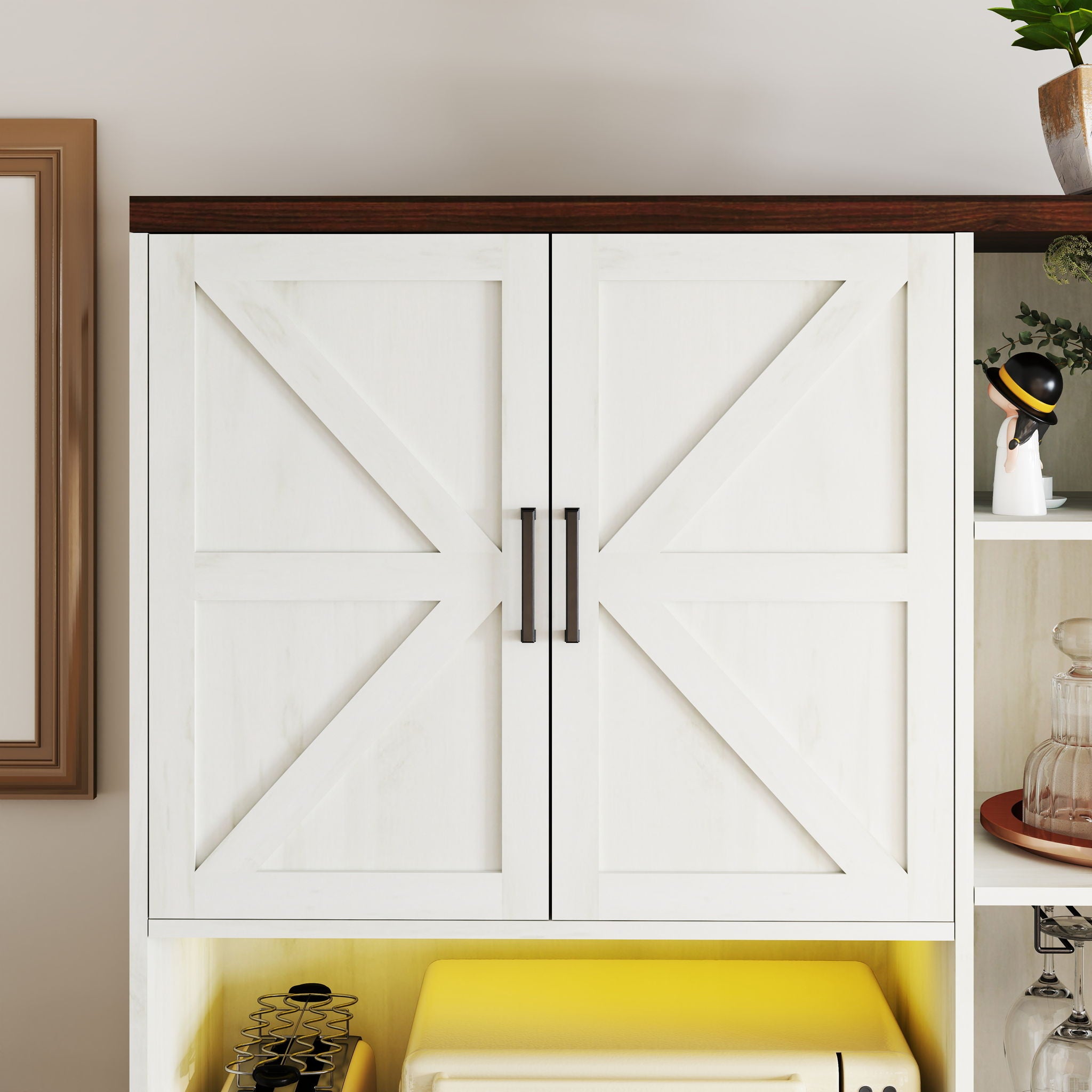 Farmhouse Kitchen Pantry Sideboard With Cabinet And Drawer, Multi Functional Kitchen Buffet With Hutch And Glass Holder, Microwave Stand With Charging Station - Brown / Antique White