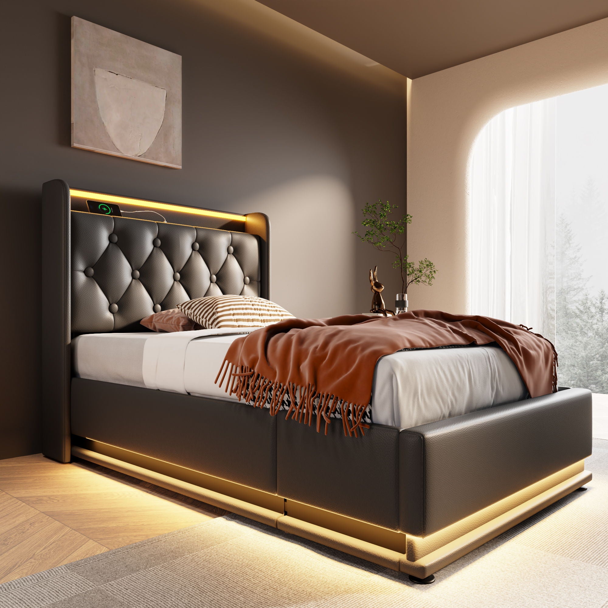Upholstered Bed, 360 Surround LED Function, Remote Control, Hydraulic Storage Bed With USB, Type-C Charging (Without Mattress)