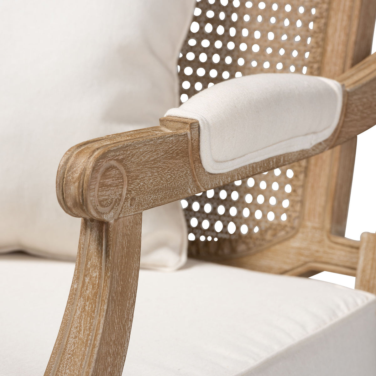 Clemence French Provincial Ivory Fabric Upholstered Whitewashed Wood Armchair
