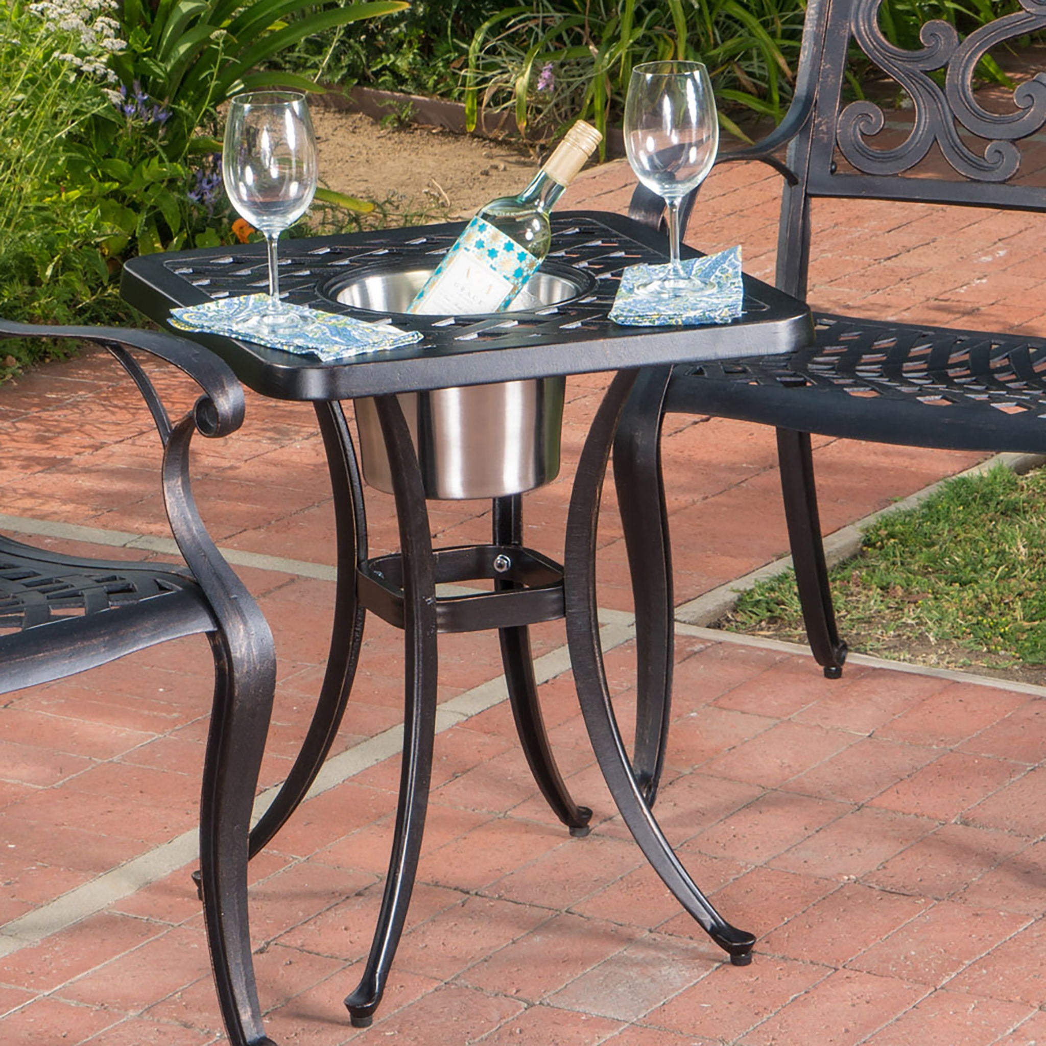 Outdoor Cast Aluminum Bistro Table With Ice Bucket - Black Copper